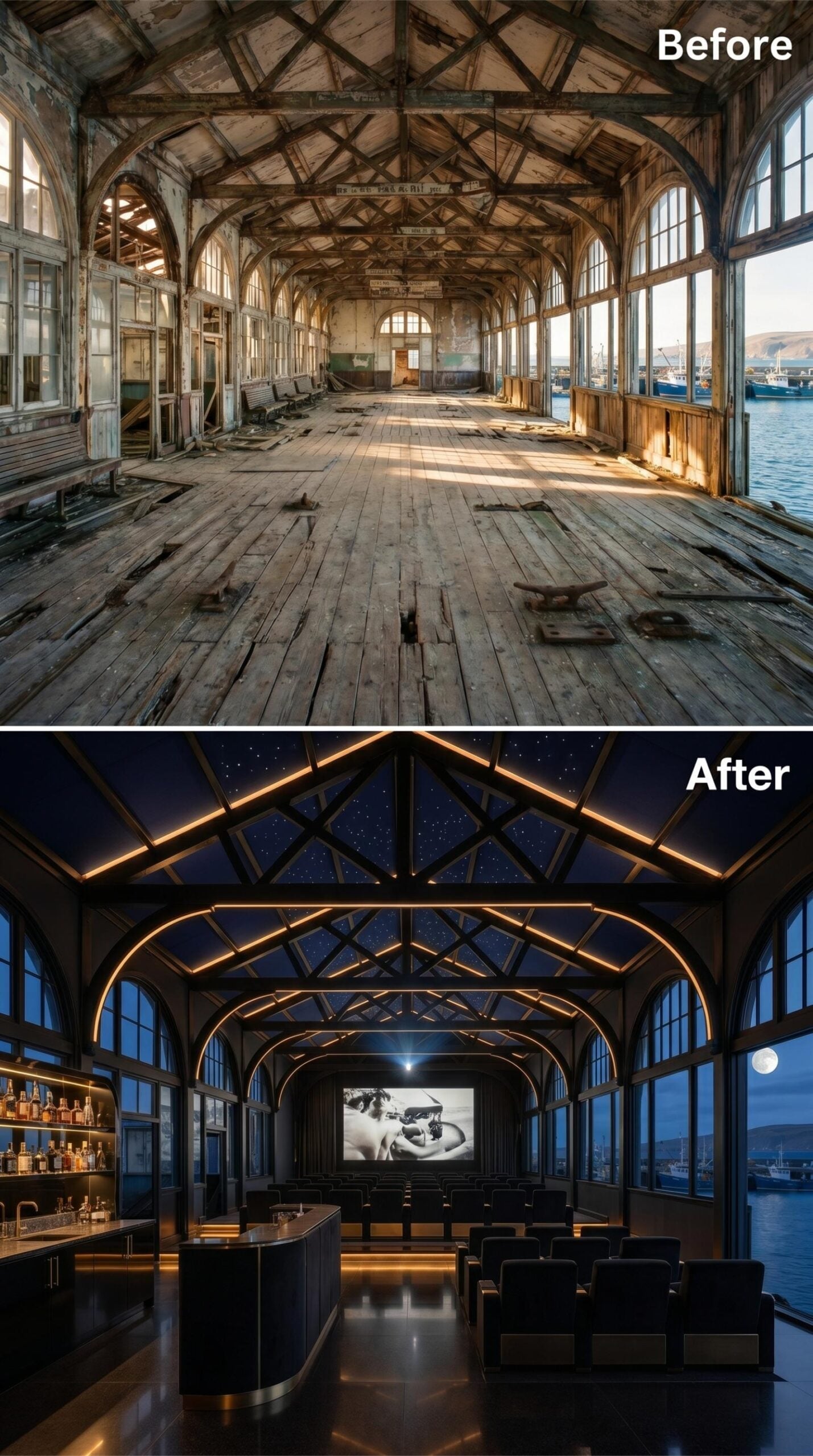 Starfield Ceiling, Whisky Bar, and Cinema Seating Inside a Harbor Shell