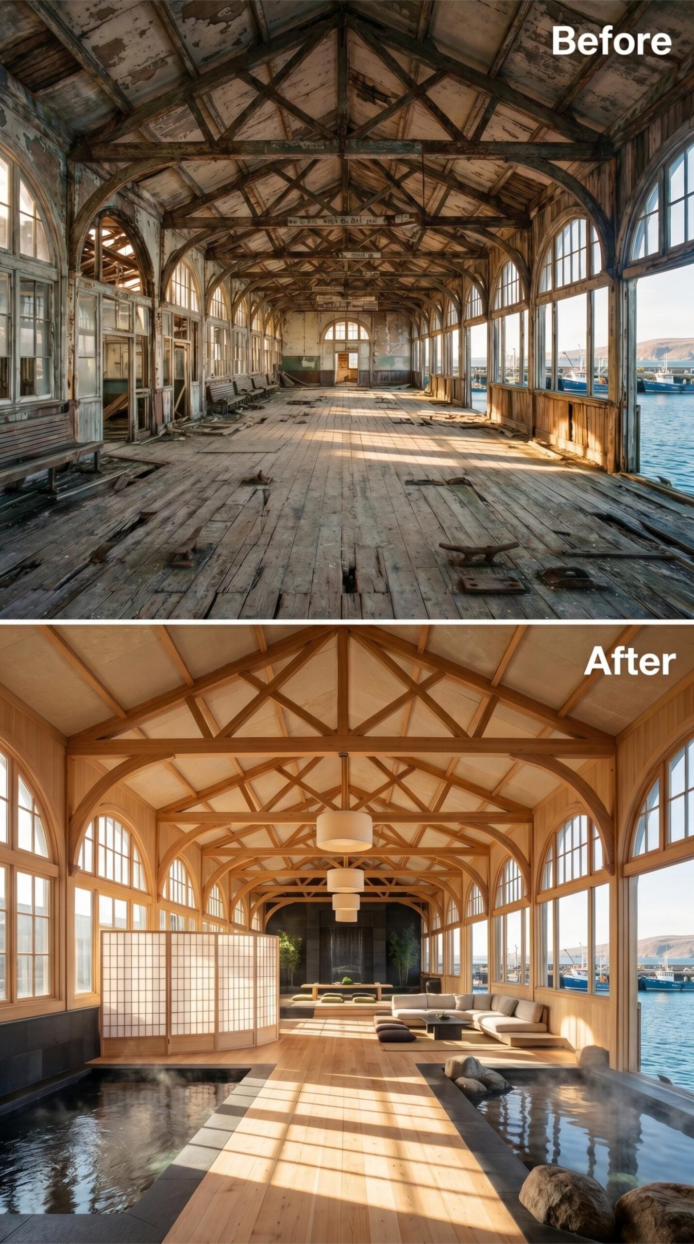 Steam Rising From a Geothermal Pool Beneath Pale Ash Trusses and Harbor Glass