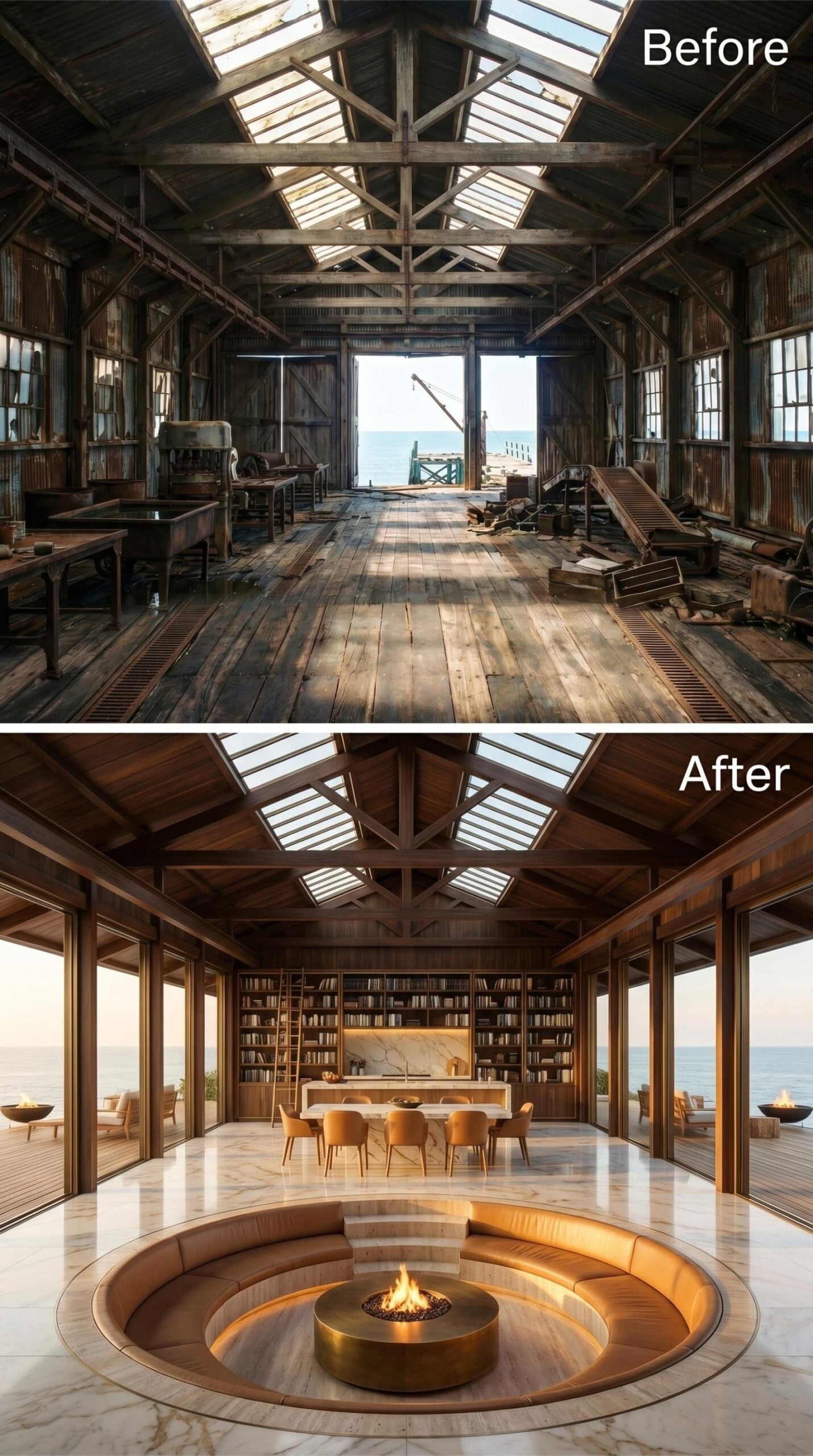 Sunken Fire Pit, Skylit Trusses, and Floor-to-Ceiling Books on the Water