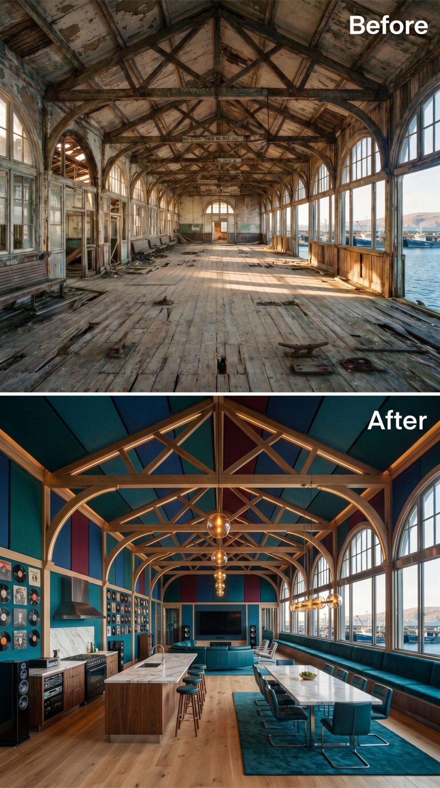 Teal Trusses, Vinyl Wall Art, and a Kitchen Island Built for Harbor Living