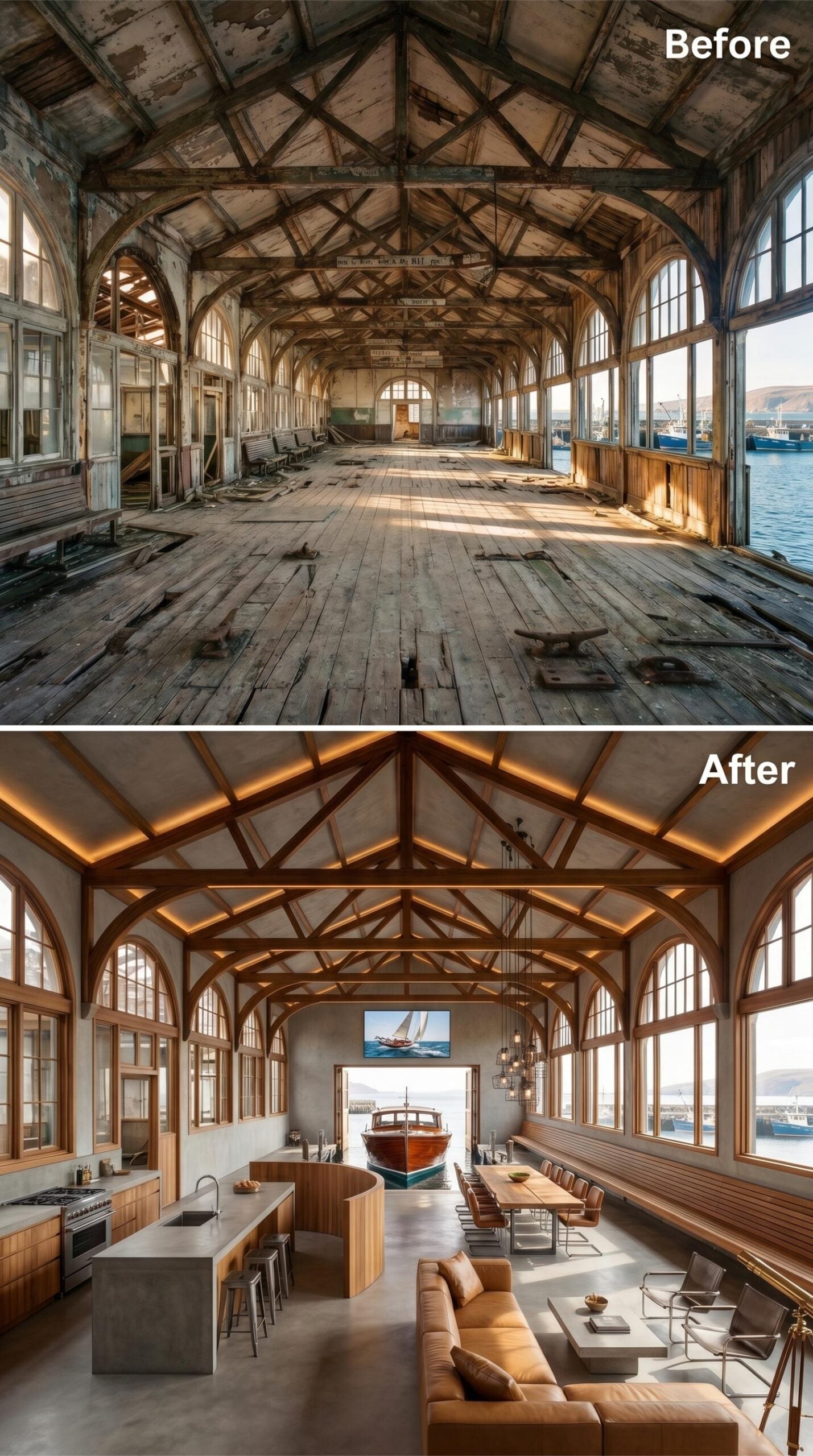 Timber Trusses, Warm LED Lines, and a Classic Wooden Boat Still Parked Inside