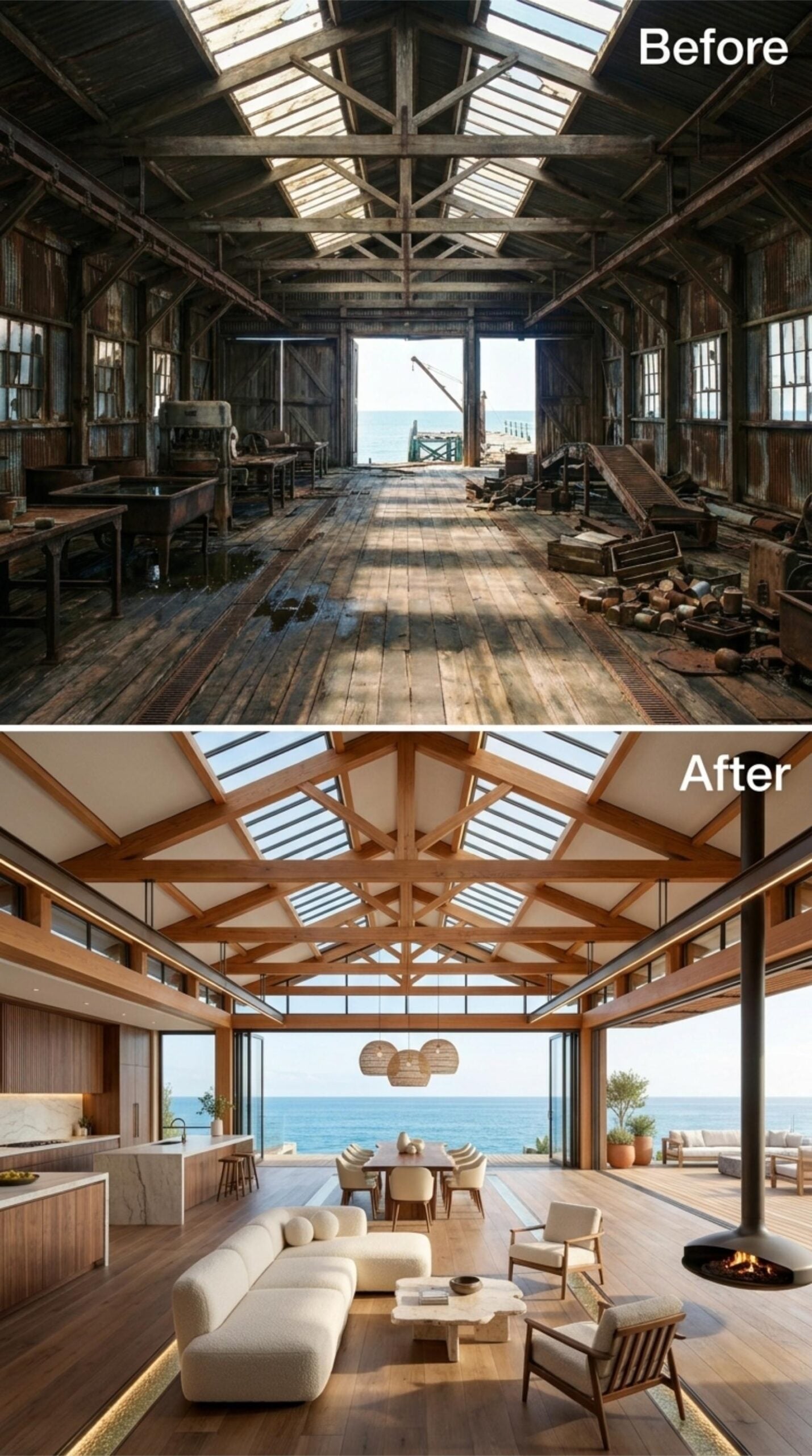 Warm Timber Trusses, Woven Pendants, and Ocean Glass Over a Cannery Living Room