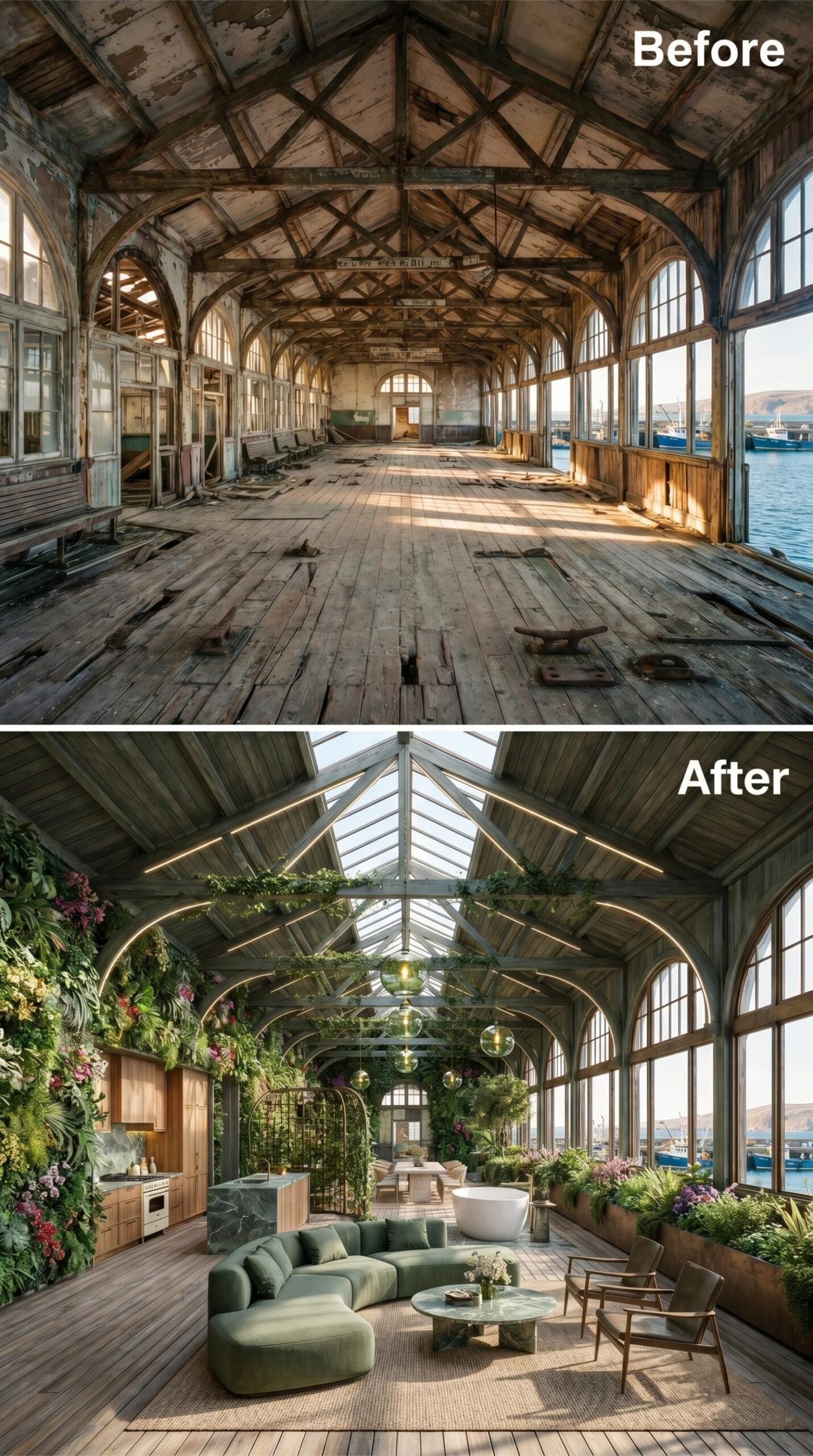Waterfront Warehouse Reborn as a Biophilic Living Room With Harbor Views