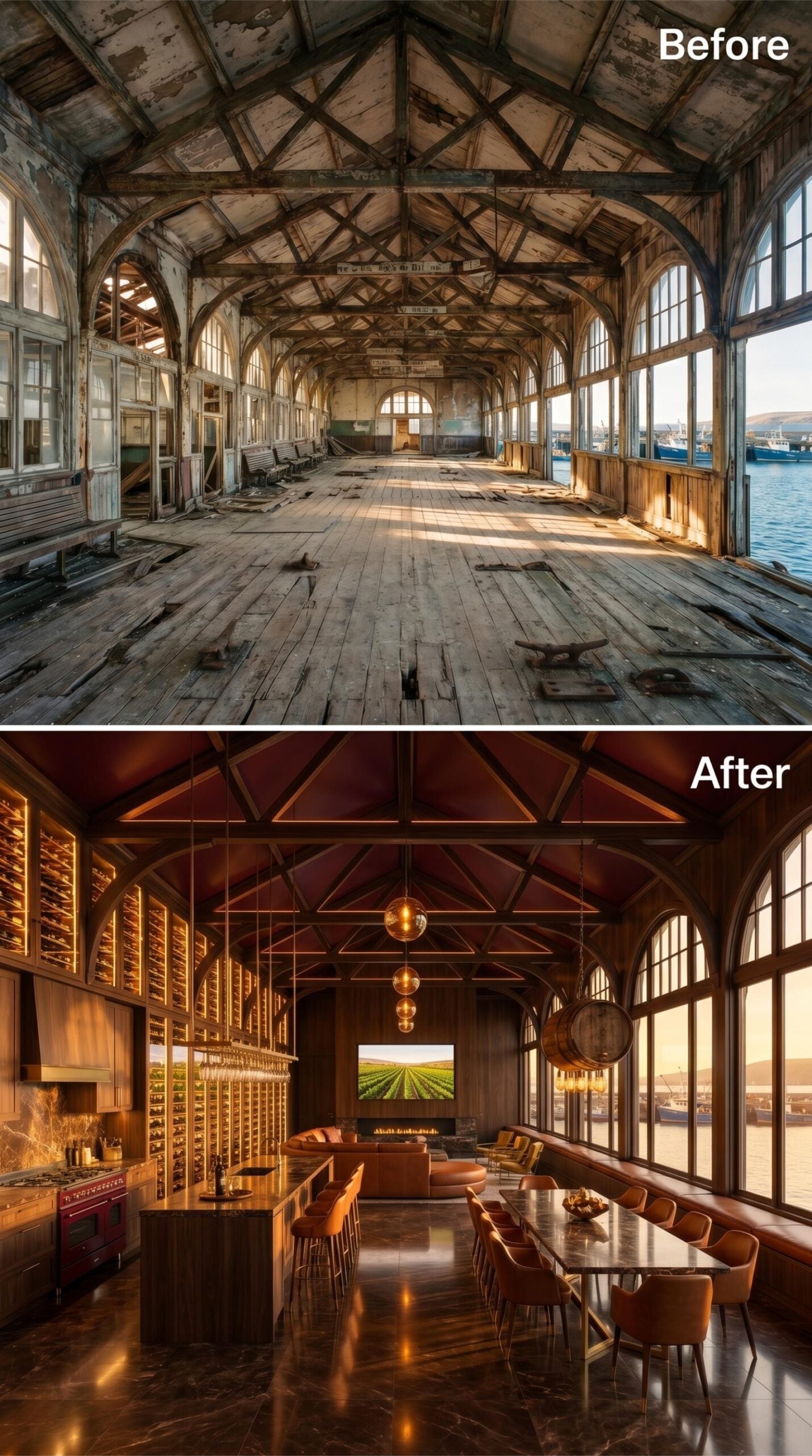 Wine Racks, Warm Trusses, and a Waterfront Dining Room Lit Like Golden Hour