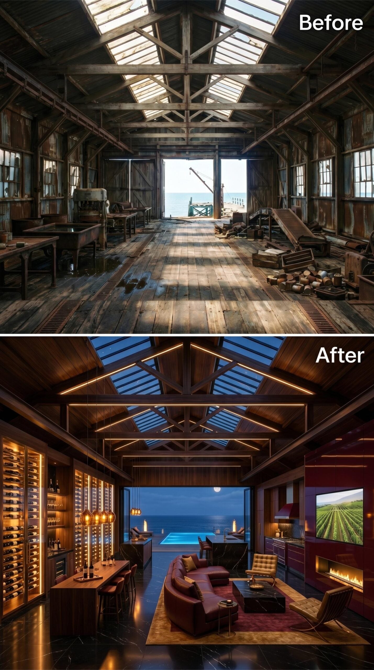 Wine Wall, Leather Curves, and Strip-Lit Trusses Over an Ocean View at Dusk