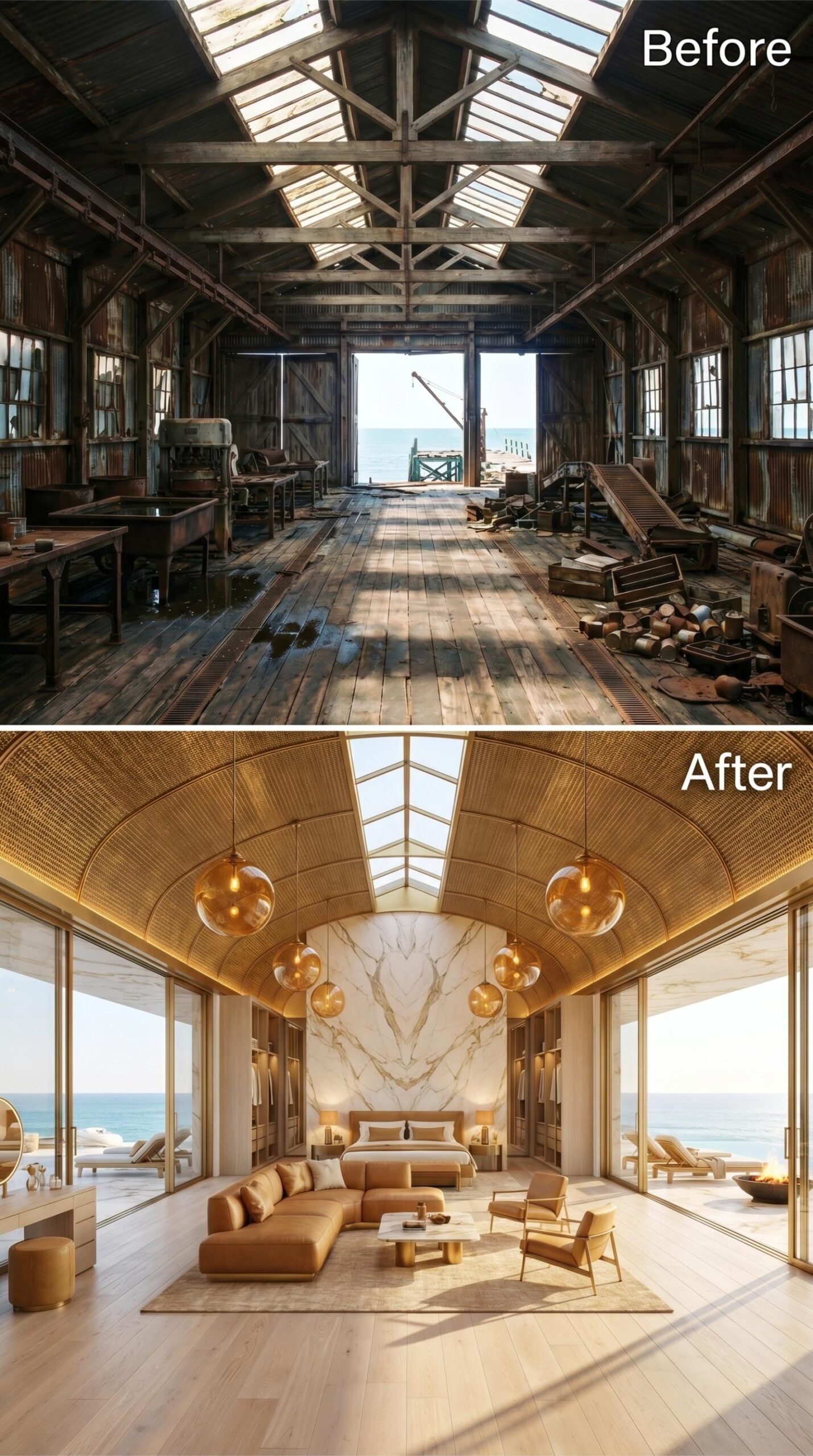 Barrel Vault Ceiling, Amber Pendants, and a Marble Headboard Wall Opened to the Sea