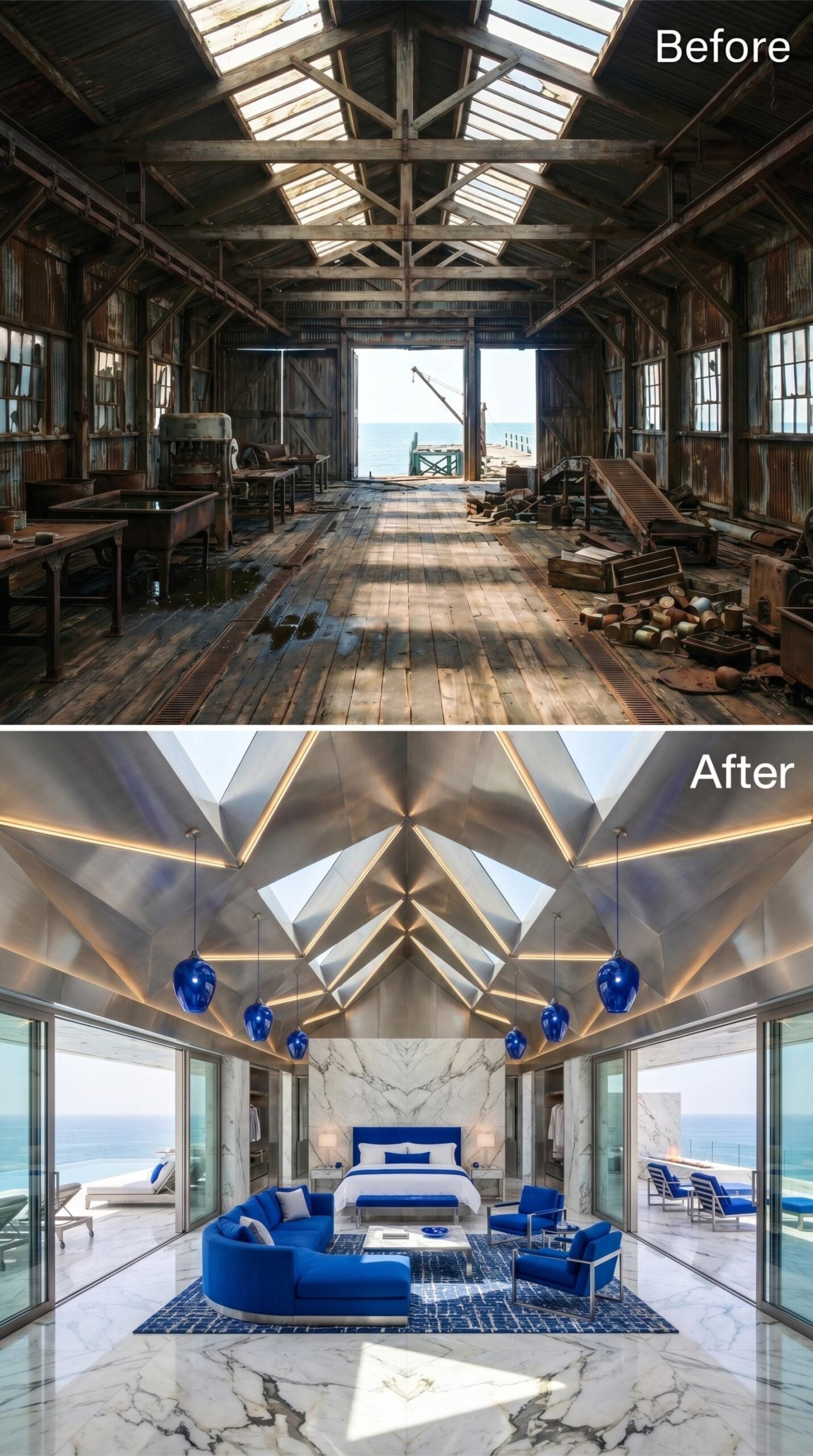 Brushed Steel Ceiling Geometry, Cobalt Pendants, and Marble Floors Over the Sea