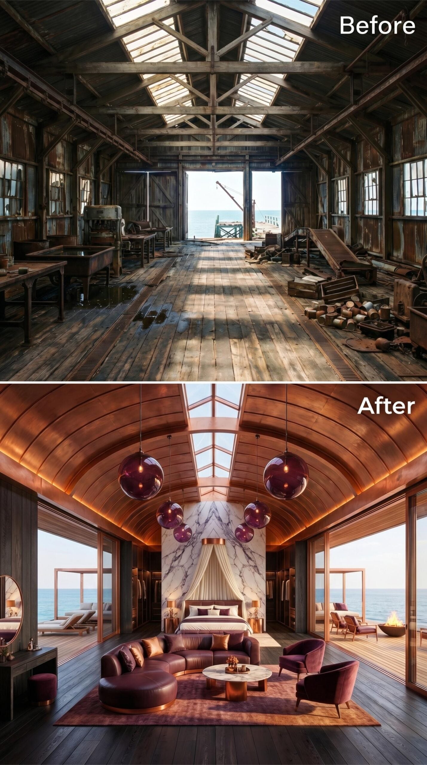 Copper Barrel Vault, Amethyst Pendants, and a Marble Headwall Floating Over the Sea