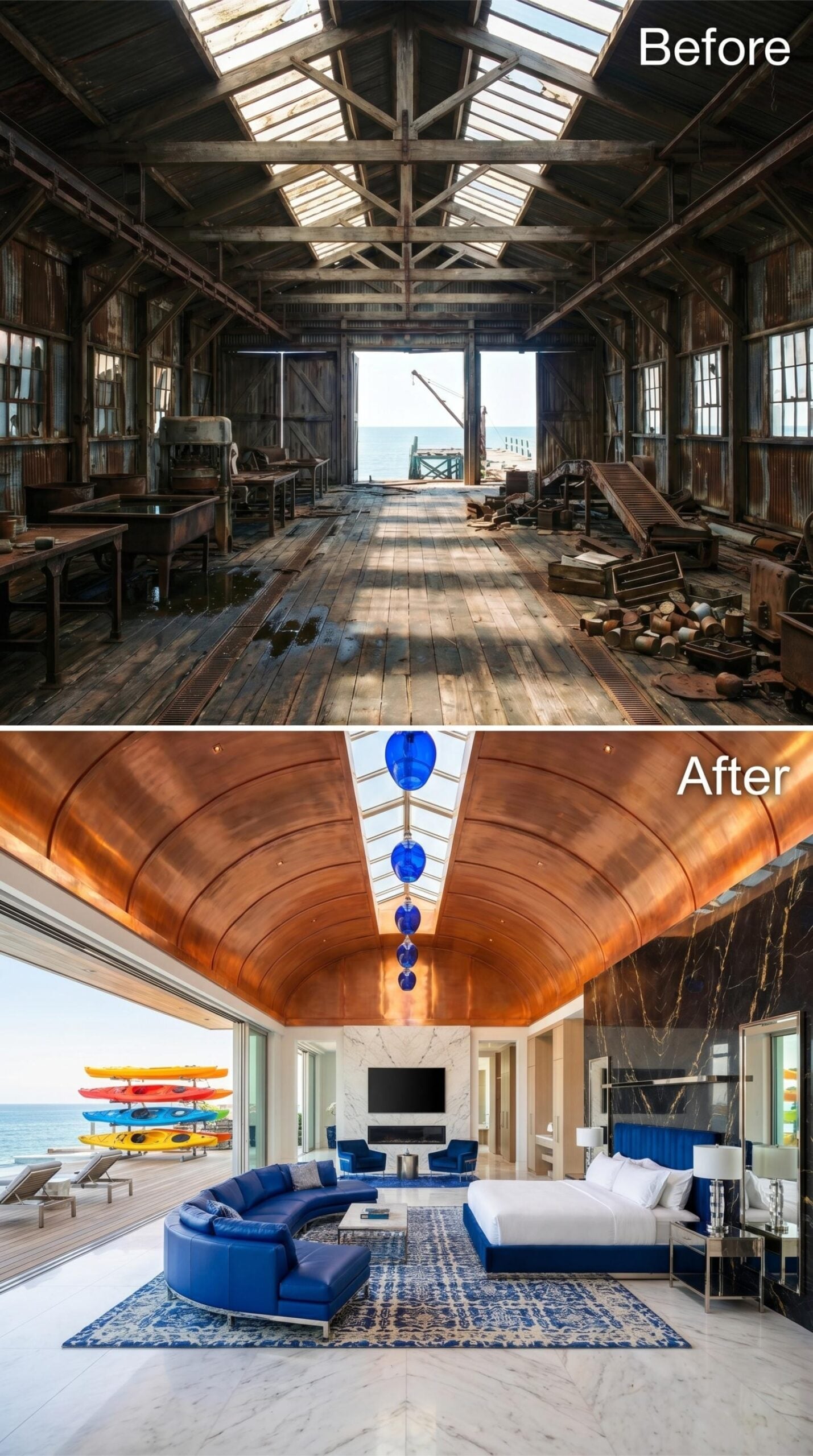 Copper Barrel Vault, Cobalt Sectional, and a Skylight Pendant Over an Oceanfront Bed