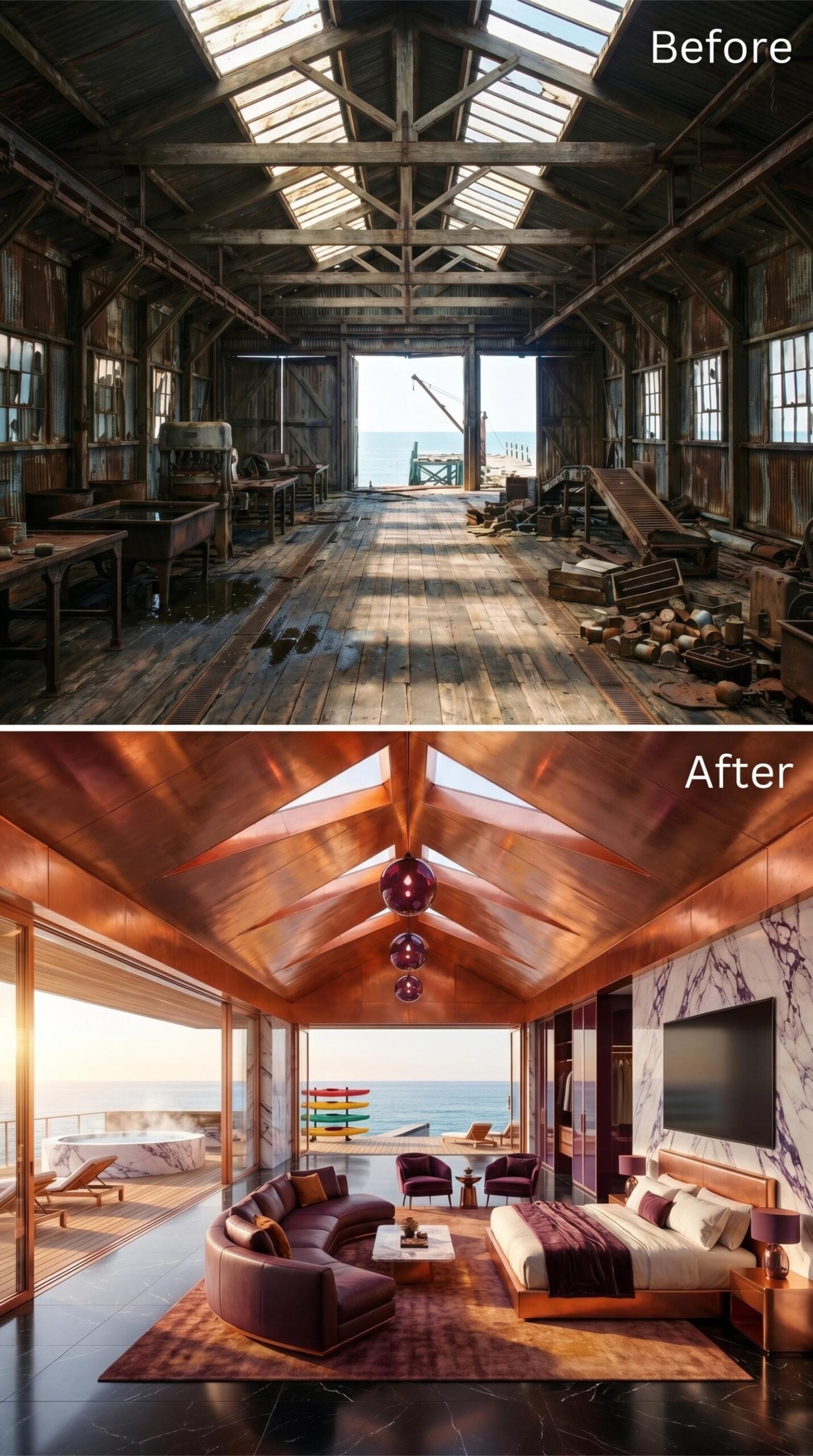 Copper Ceiling Panels, Violet Sectional, and a Primary Suite That Reads the Sea at Sunset
