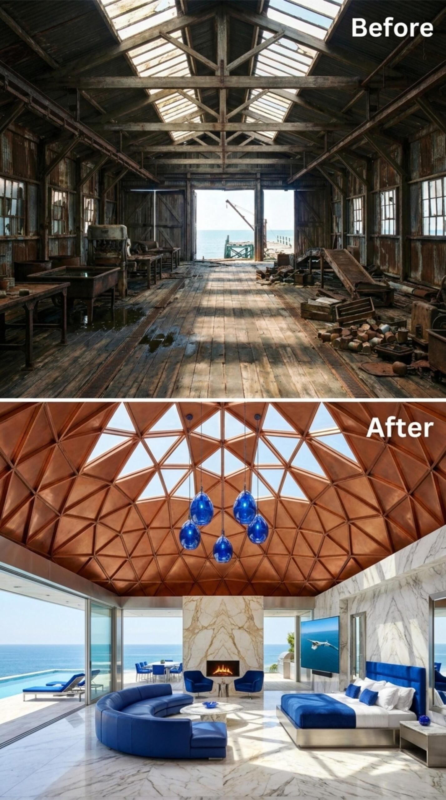 Geodesic Copper Dome, Cobalt Blue Furnishings, and Ocean Views on Three Sides