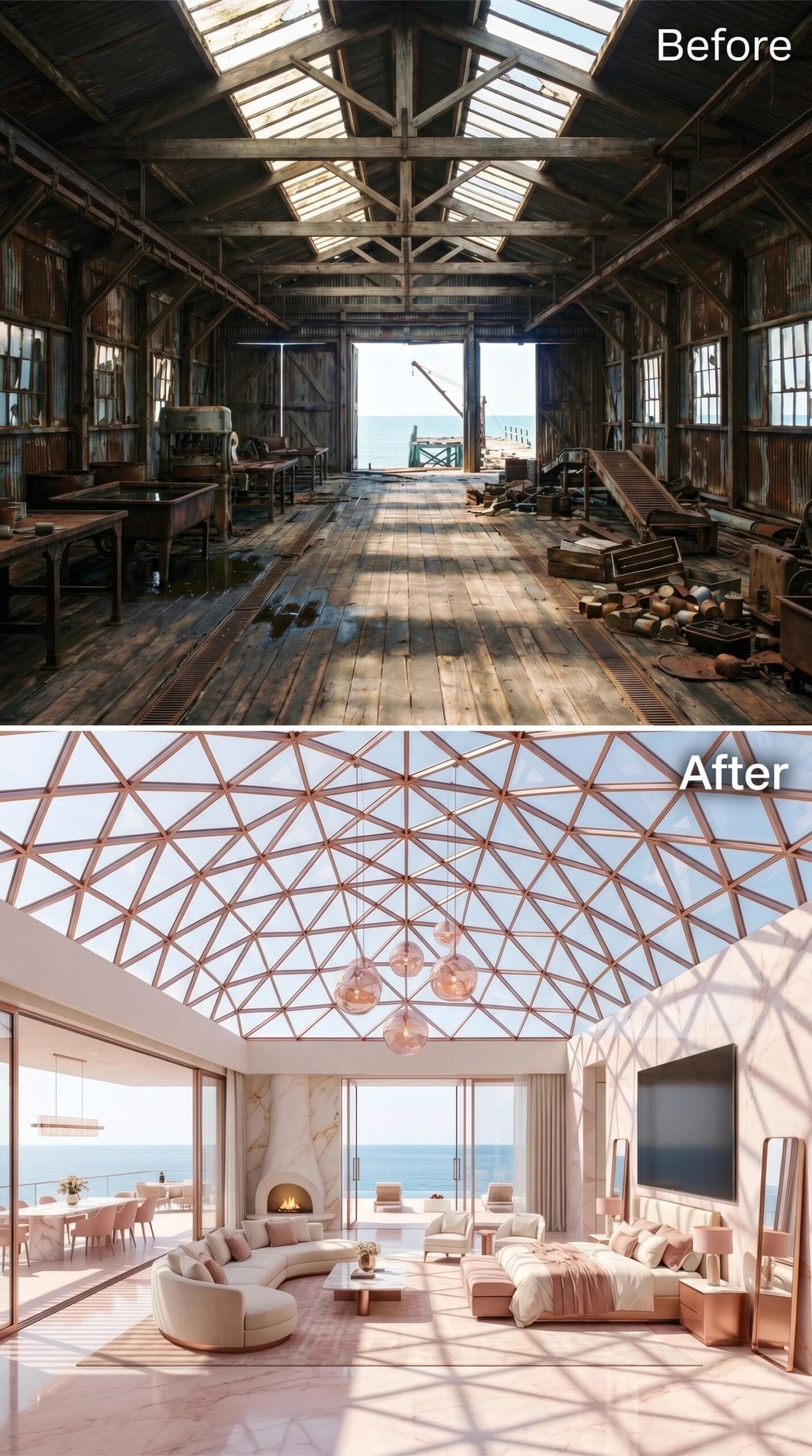 Geodesic Glass Ceiling, Rose Gold Framing, and a Bedroom Open to the Sea