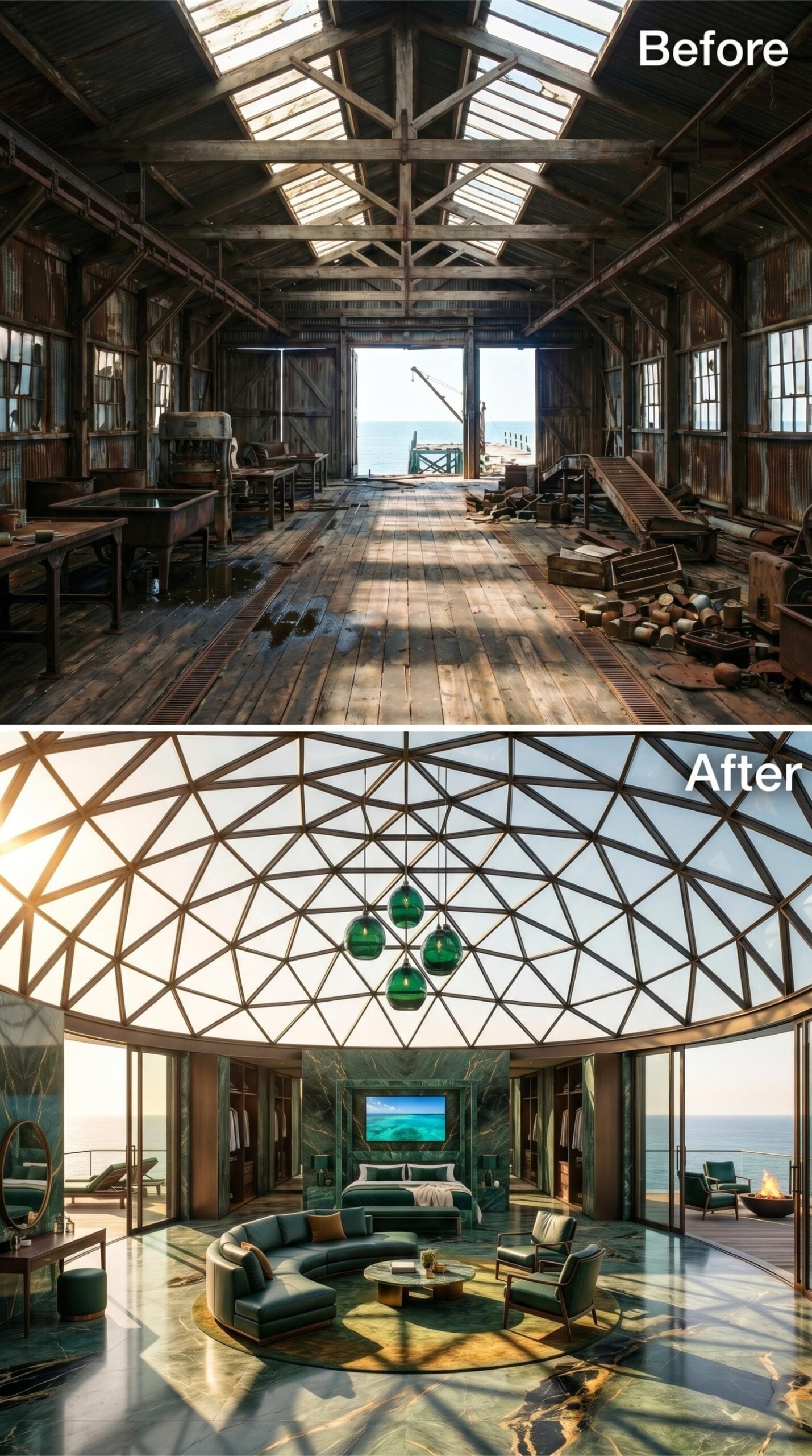 Geodesic Glass, Emerald Marble Floors, and a Bedroom That Faces Open Water