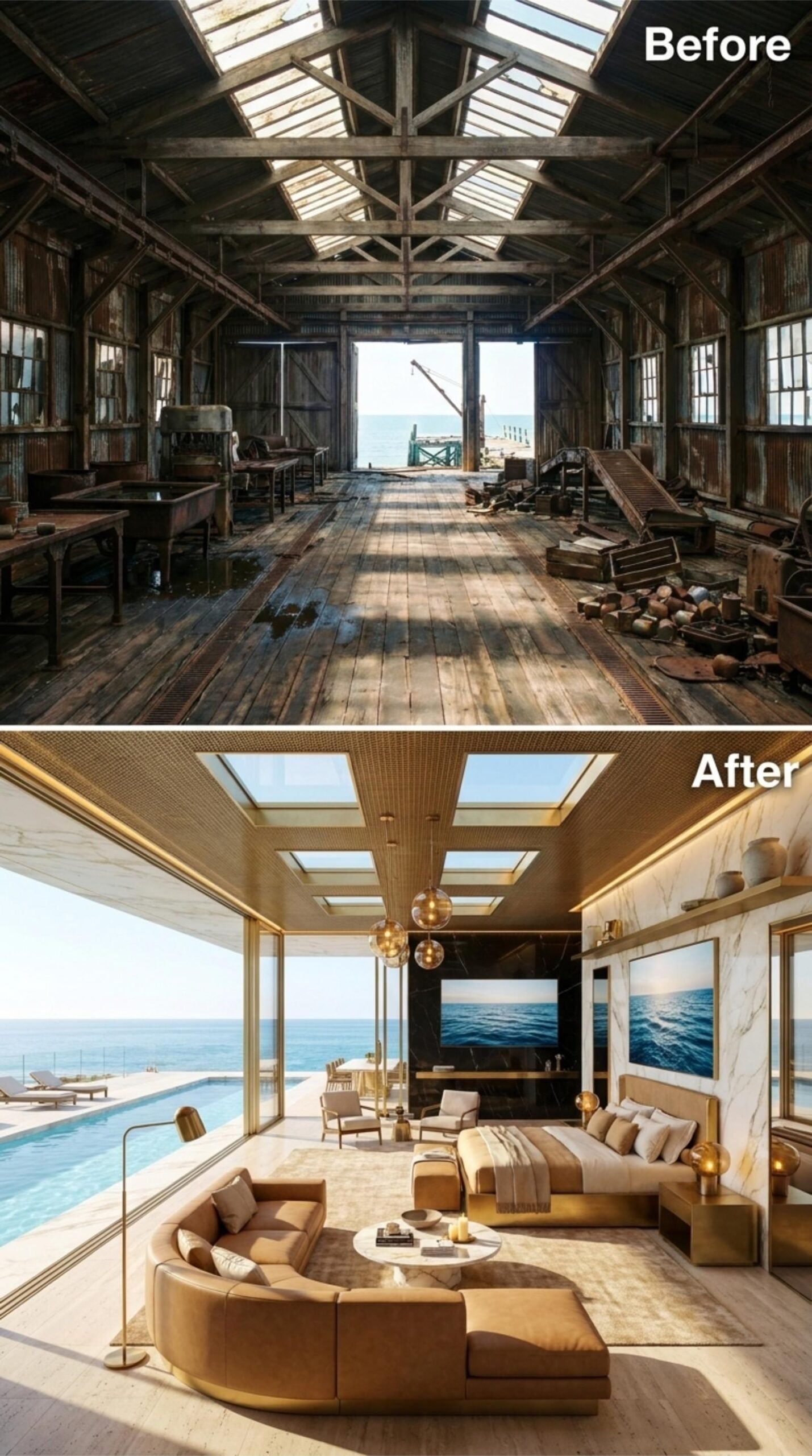 Gold Pendants, Skylights Over the Sea, and Caramel Leather Curved Around a Marble Fireplace Wall