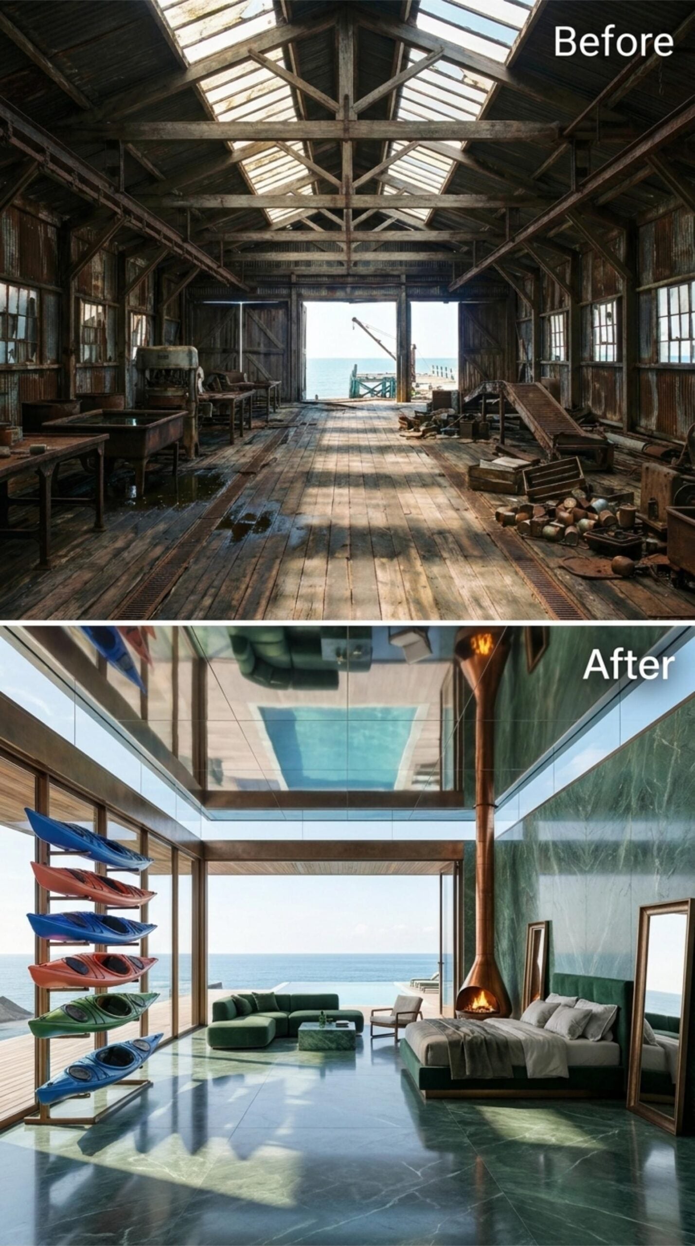 Kayak Storage, Green Marble Floors, and a Suspended Pool Overhead
