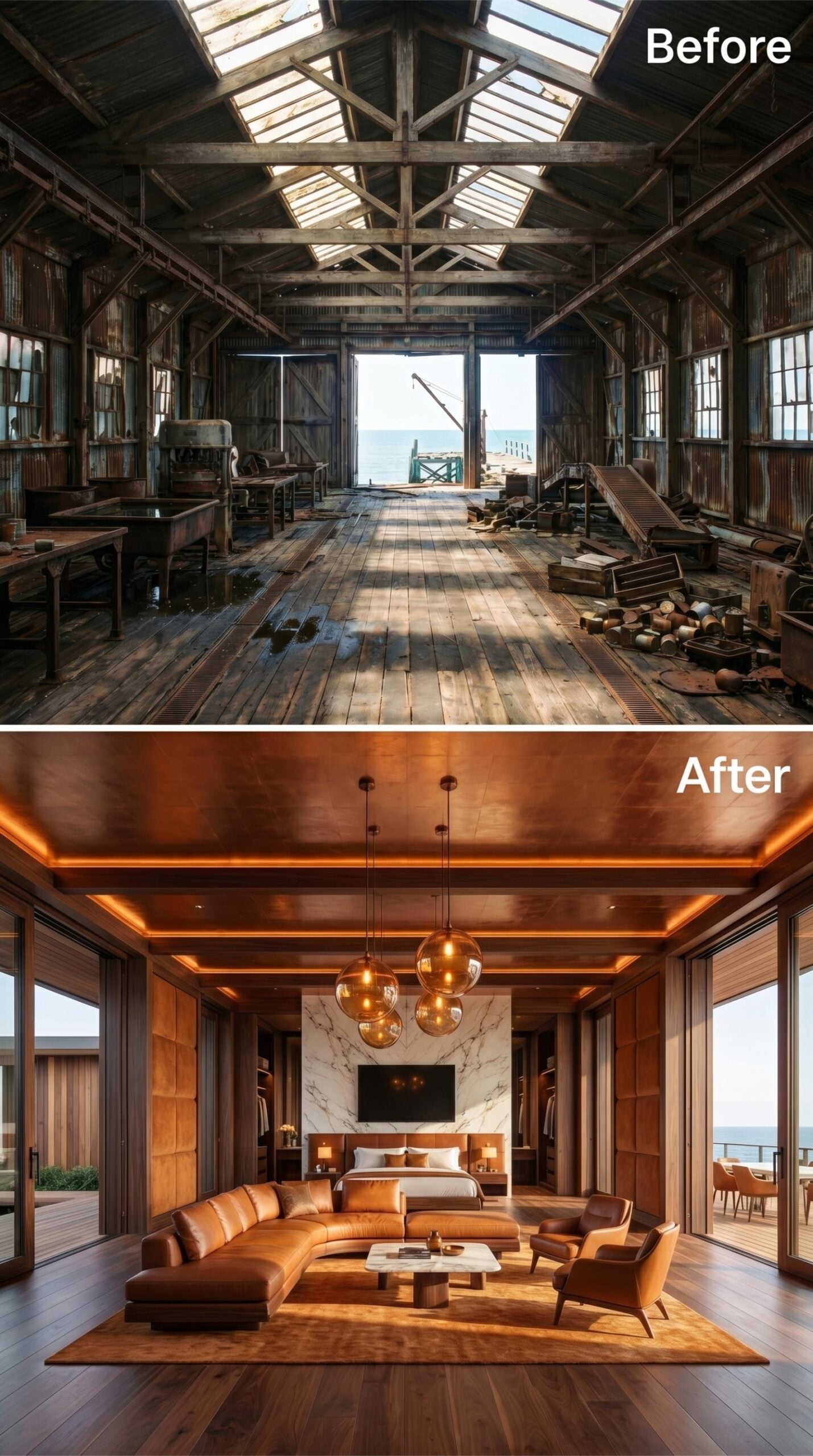 Leather Curves, Copper Ceiling, and a Marble Headwall Facing the Open Sea
