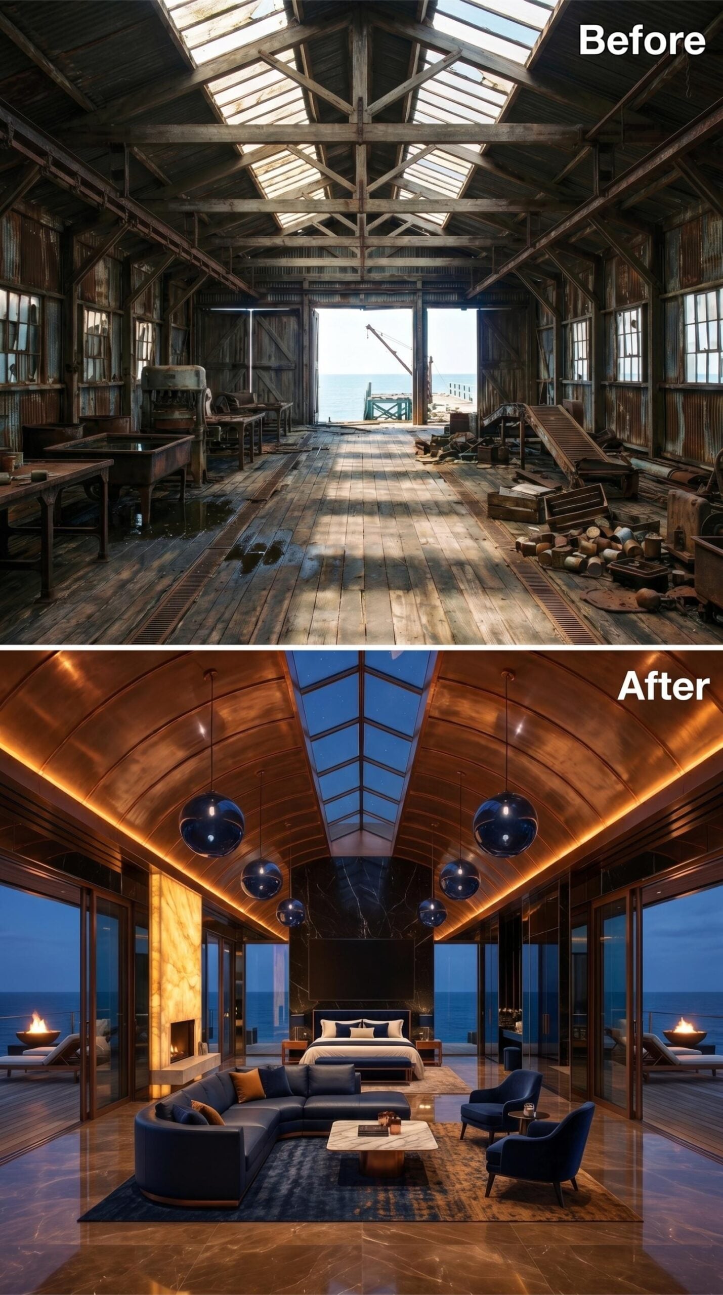 Navy Blue, Barrel-Vaulted Copper, and a Suite That Faces the Open Sea at Night
