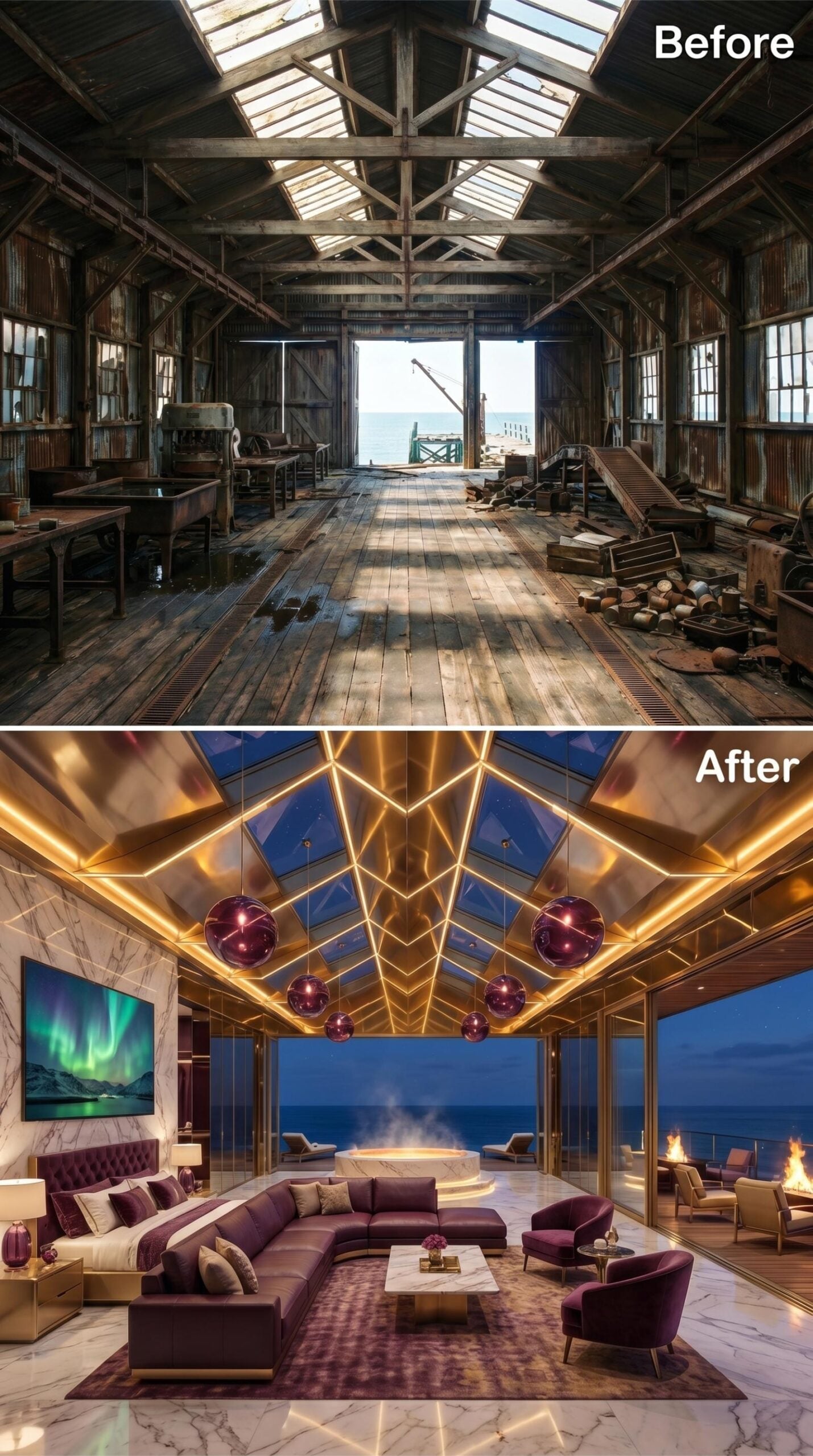 Plum Velvet, Gold Ceiling Geometry, and Skylights That Open to the Night Sea