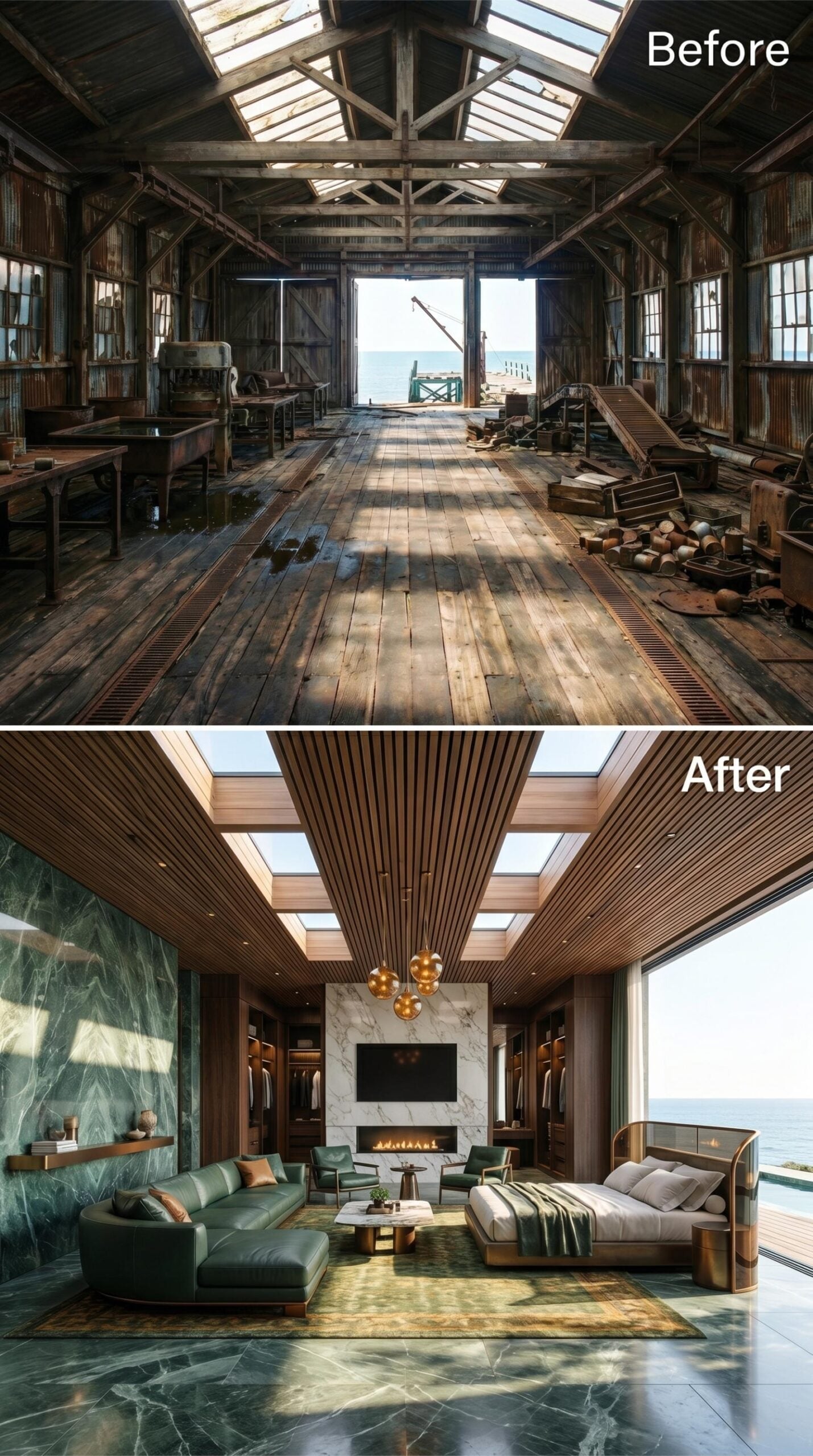Slatted Wood Ceiling, Marble Fireplace Wall, and a Bed Aimed Straight at the Sea