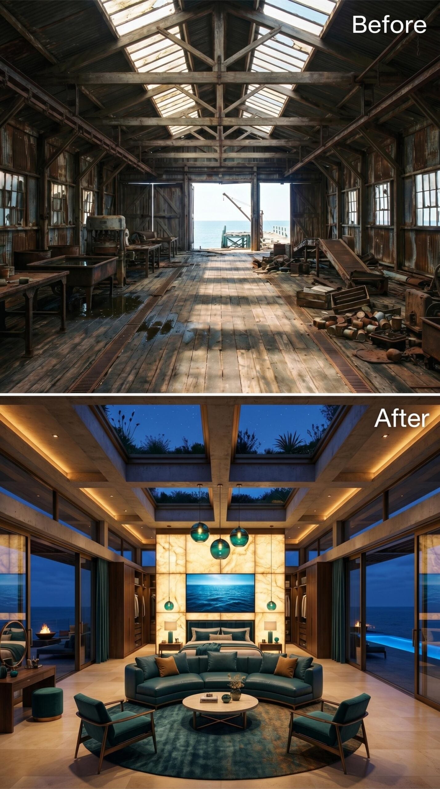 Teal Velvet Curves, Backlit Onyx Headwall, and Skylights That Read the Night Sea