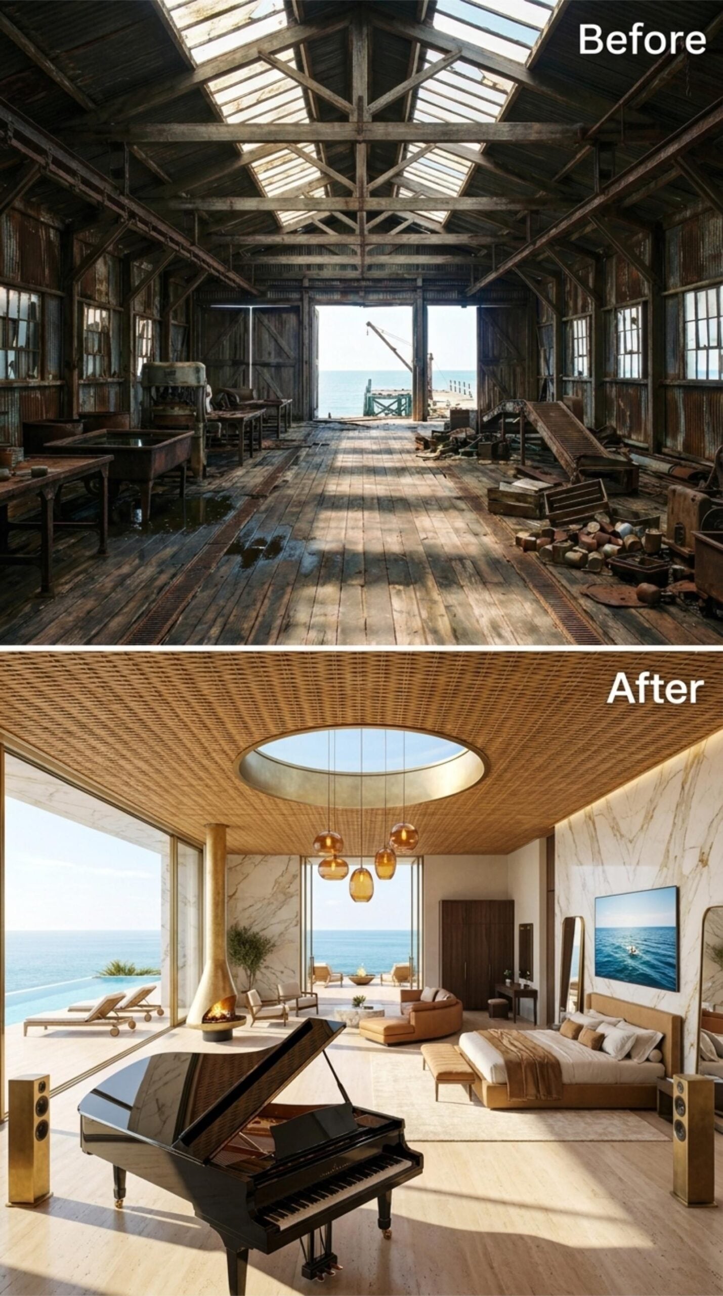 Woven Rattan Ceiling, Grand Piano Corner, and a Circular Skylight Over the Sea