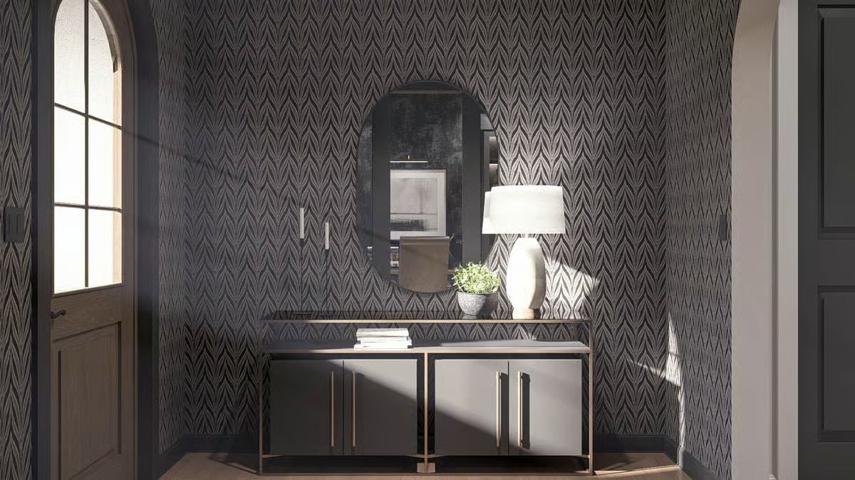 Dark Wallpaper and Brass-Trimmed Cabinetry Set a Confident Tone at the Entry