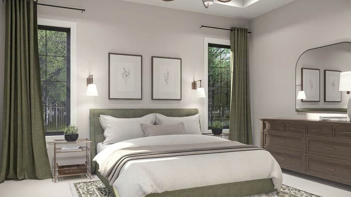Olive Green Upholstery and Warm Sconce Light Make Rest Feel Intentional