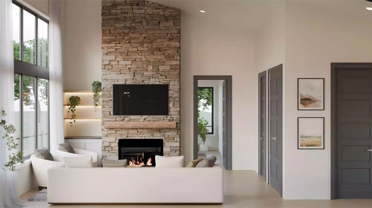Floor-to-Ceiling Stone Fireplace That Earns Every Inch of Wall Space