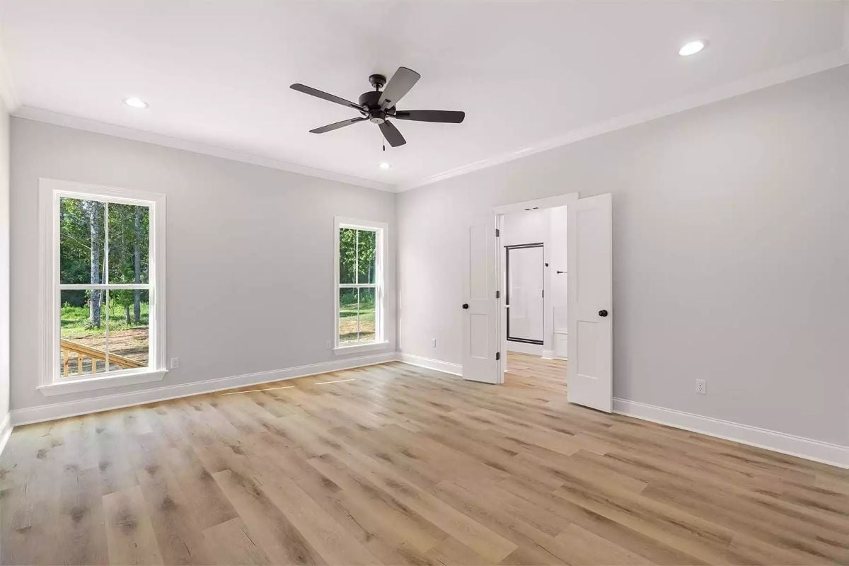 Pale Walls, Black Hardware, and a Ceiling Fan That Actually Fits the Room