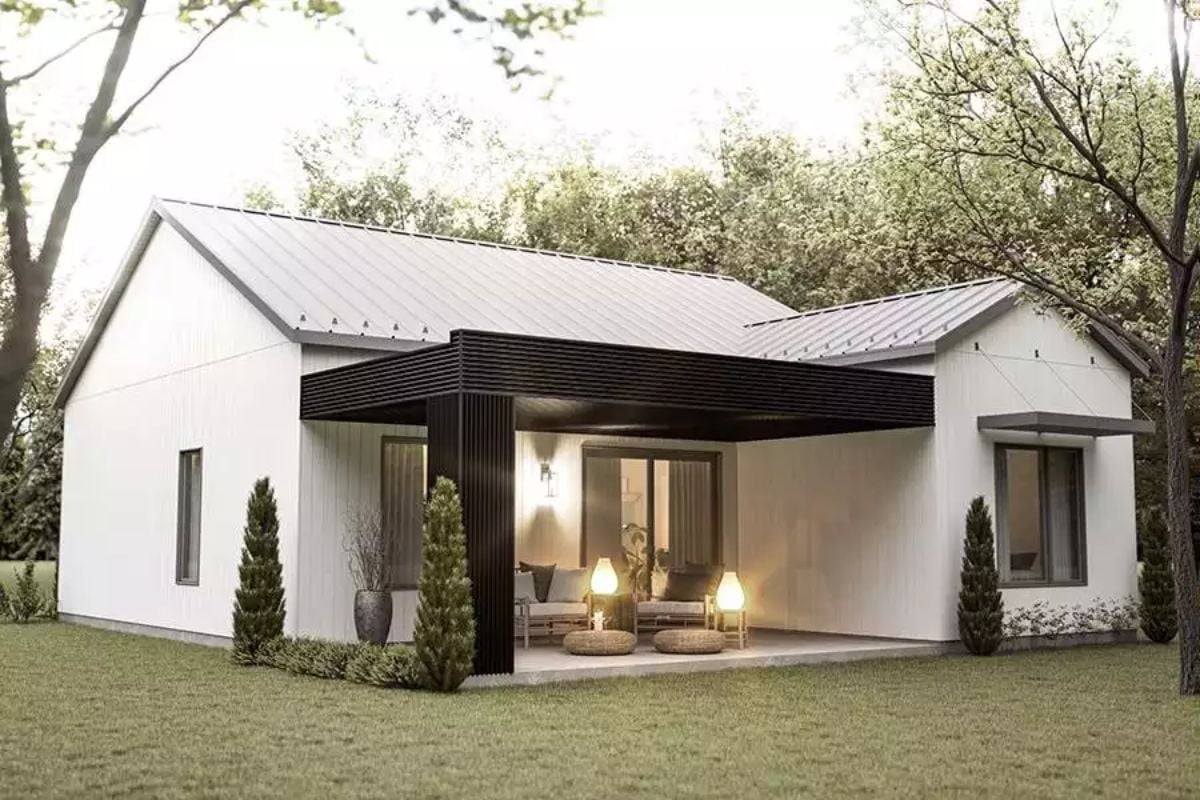 Covered Terrace with Dark Slat Canopy Gives This Home an Outdoor Room Worth Using