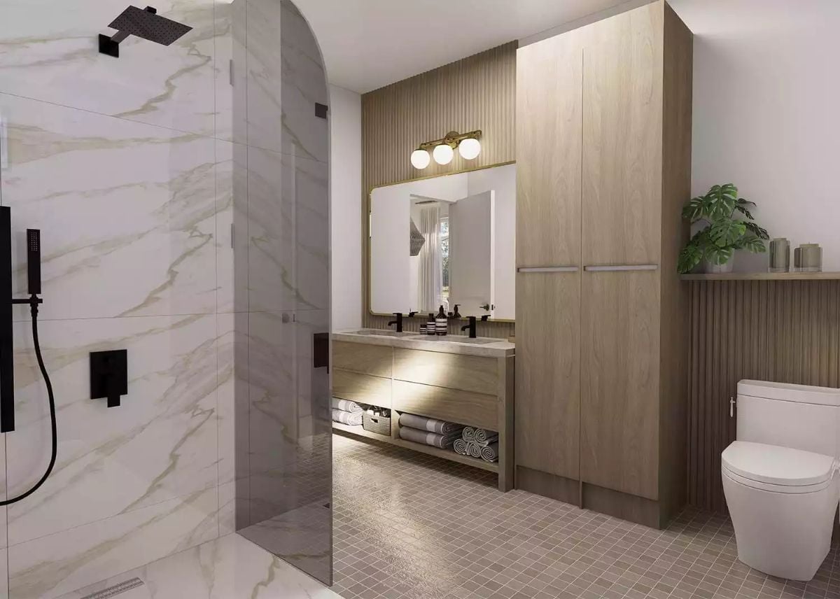 Marble Shower Wall and Arched Entry Give This Bathroom Something to Remember