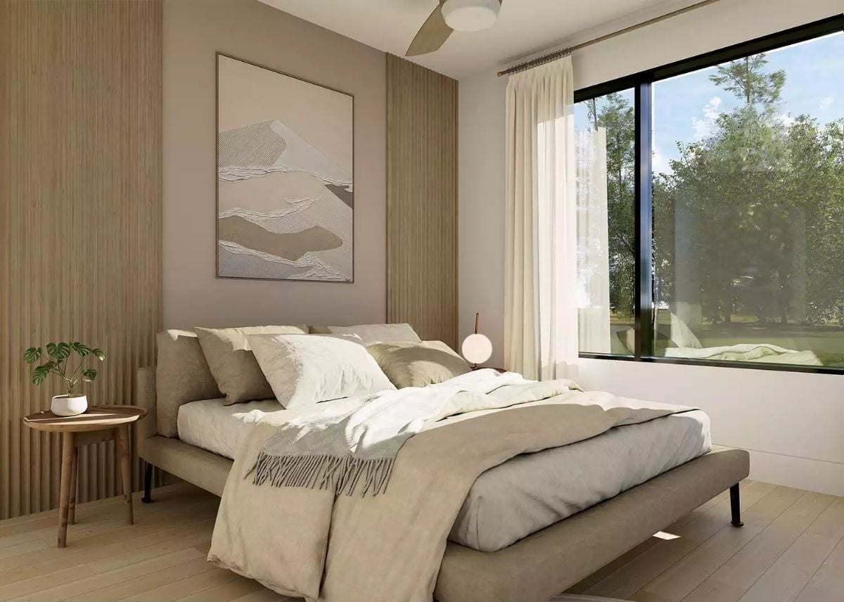 Slat Wood Panels and Linen Bedding Make This Bedroom Feel Like a Reset