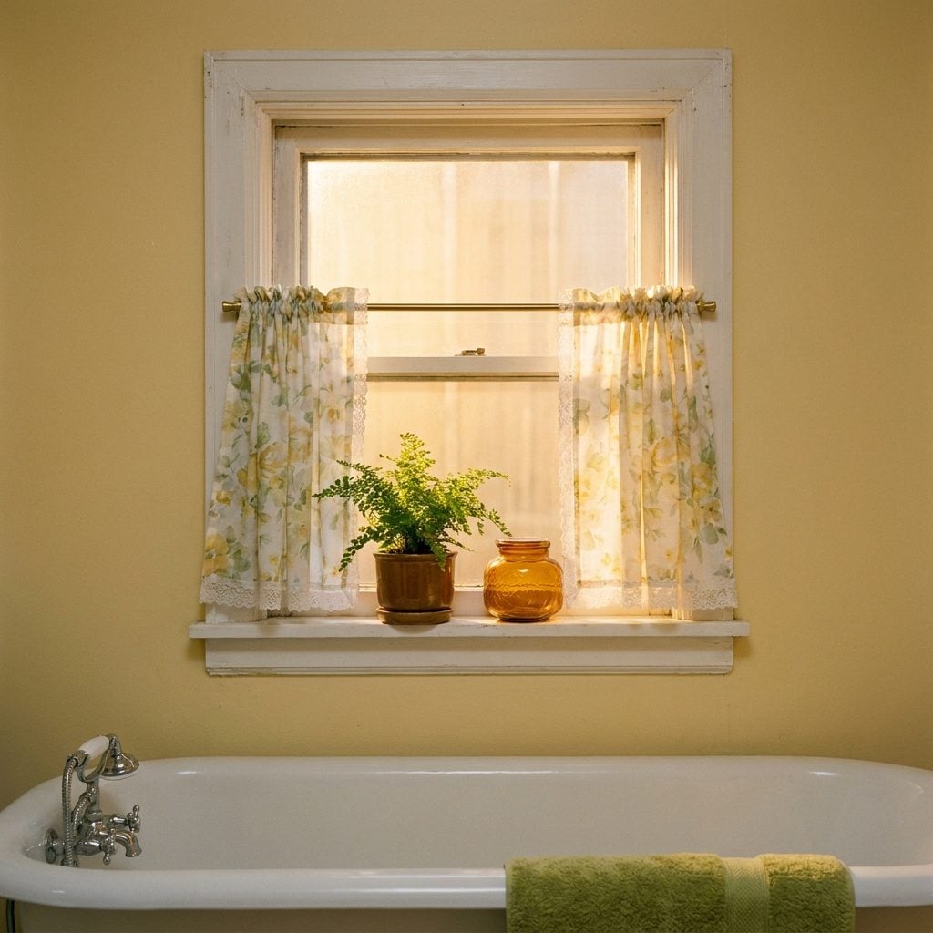 Café Curtains with Lace Trim on the Bathroom Window, Because Privacy Was Decorative