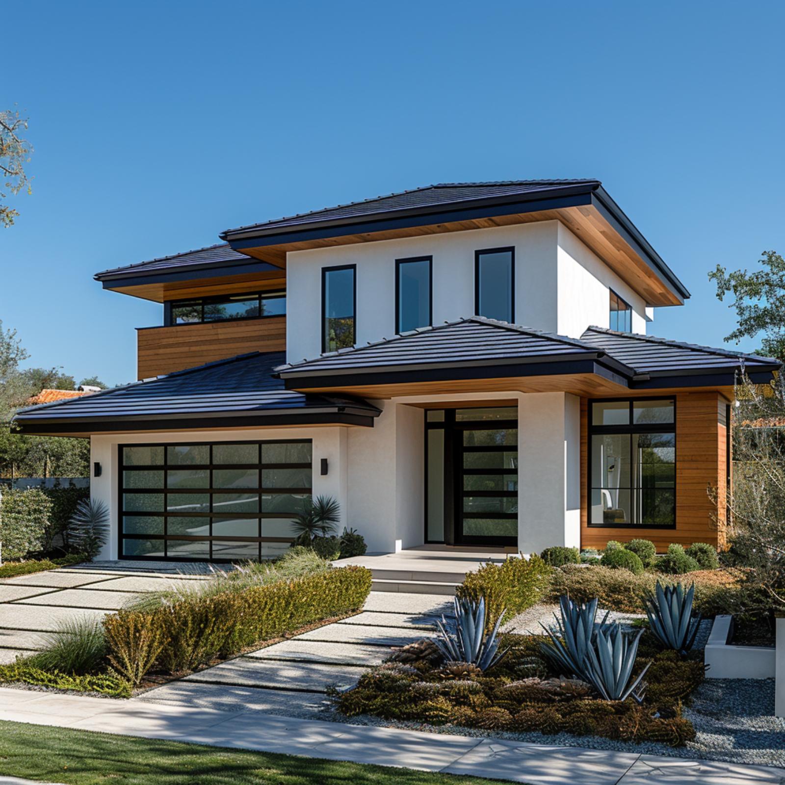 Dark Tile, Cedar Cladding, and White Stucco Arrange Themselves and Actually Agree