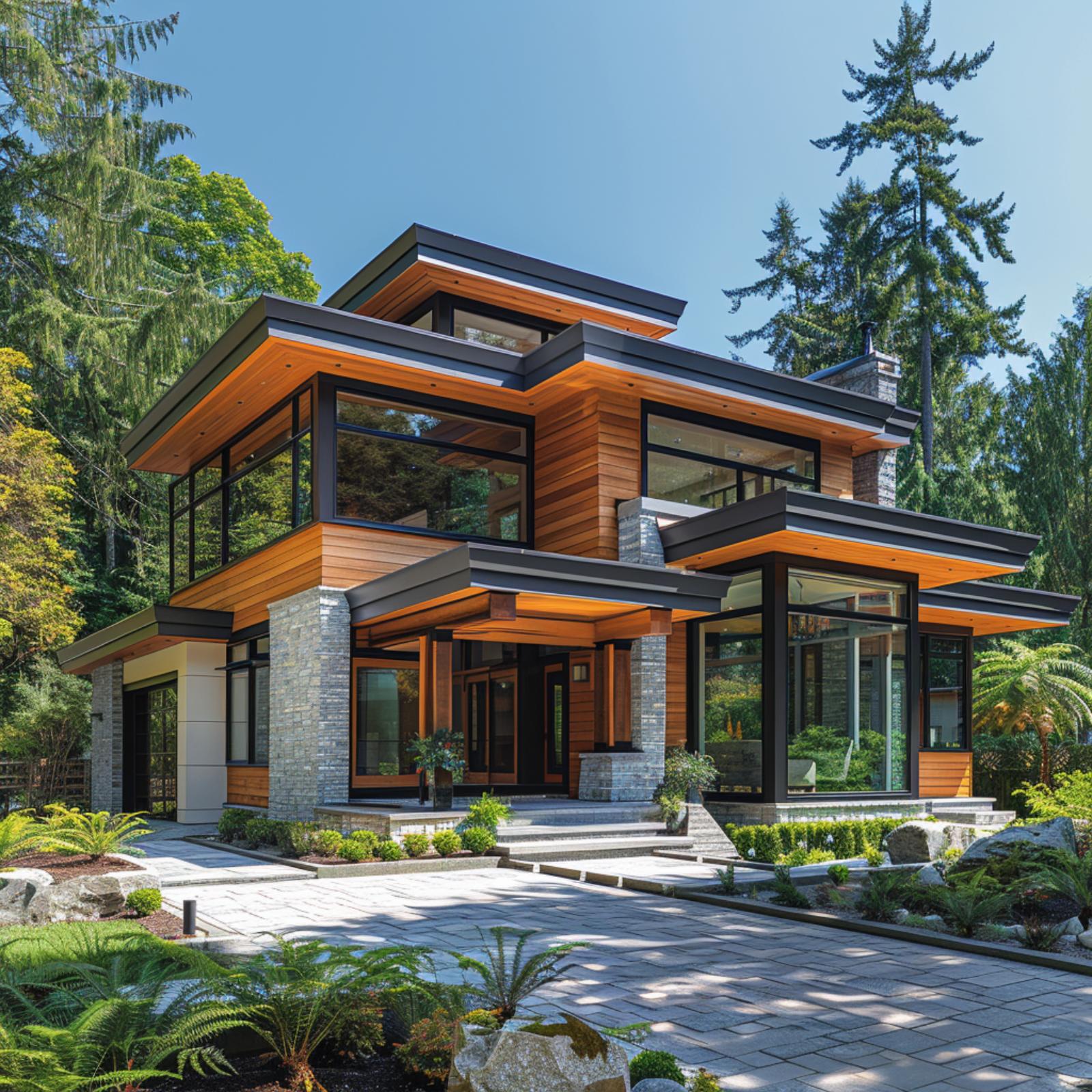 Cedar, Charcoal Steel, and Stacked Stone Compete for Attention — and Nobody Loses