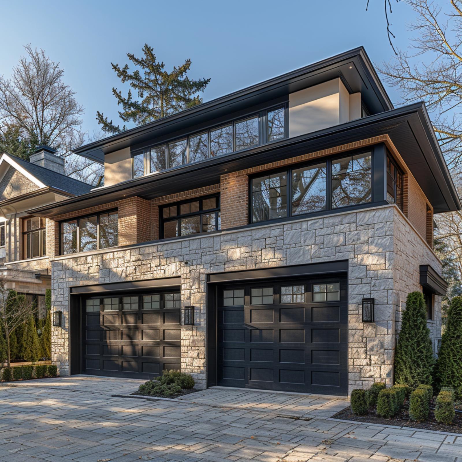 Stone Base, Brick Upper, Black Garage Doors — Three Materials That Earned Each Other