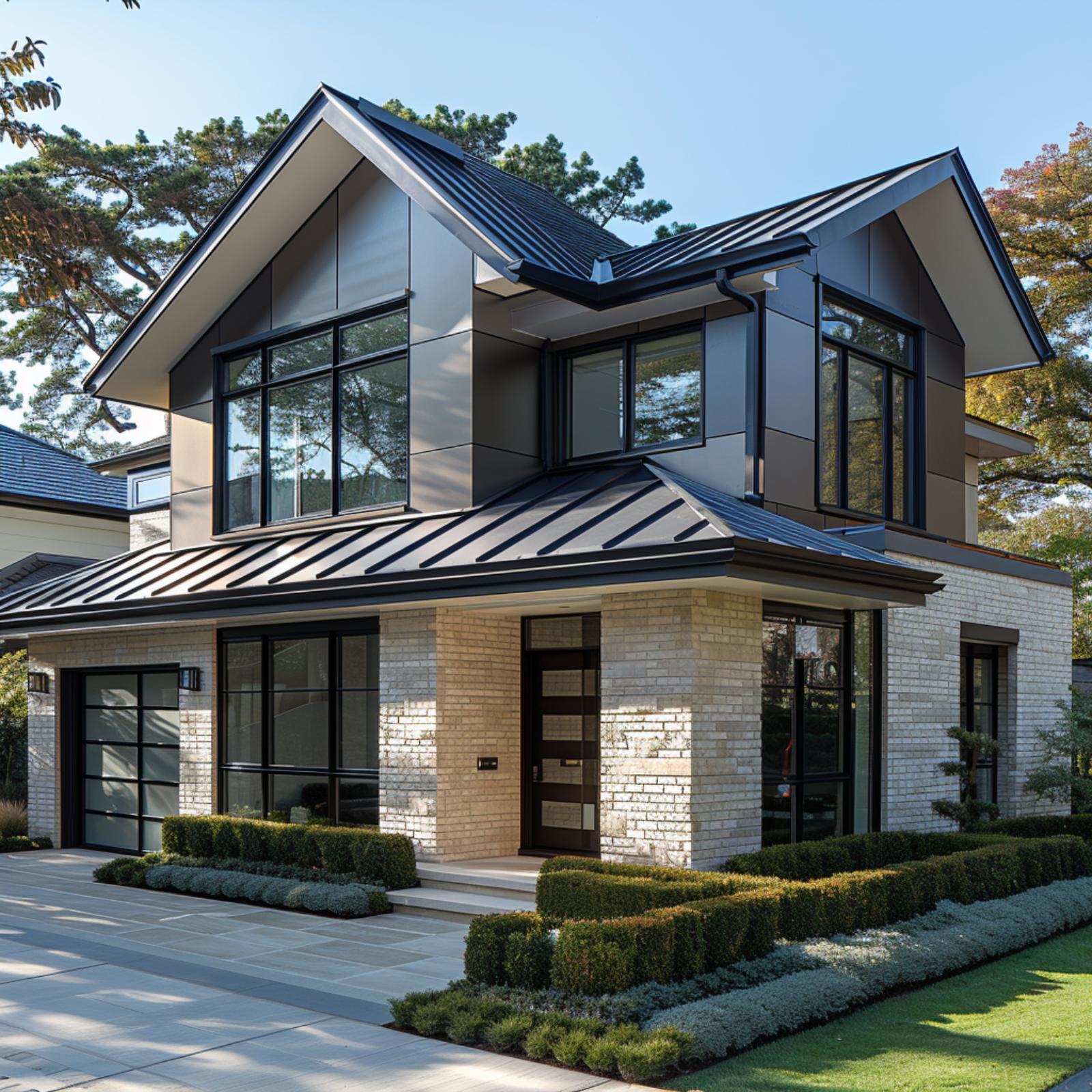 Pale Brick, Dark Metal Panels, and a Standing-Seam Roof That Ties Both Together