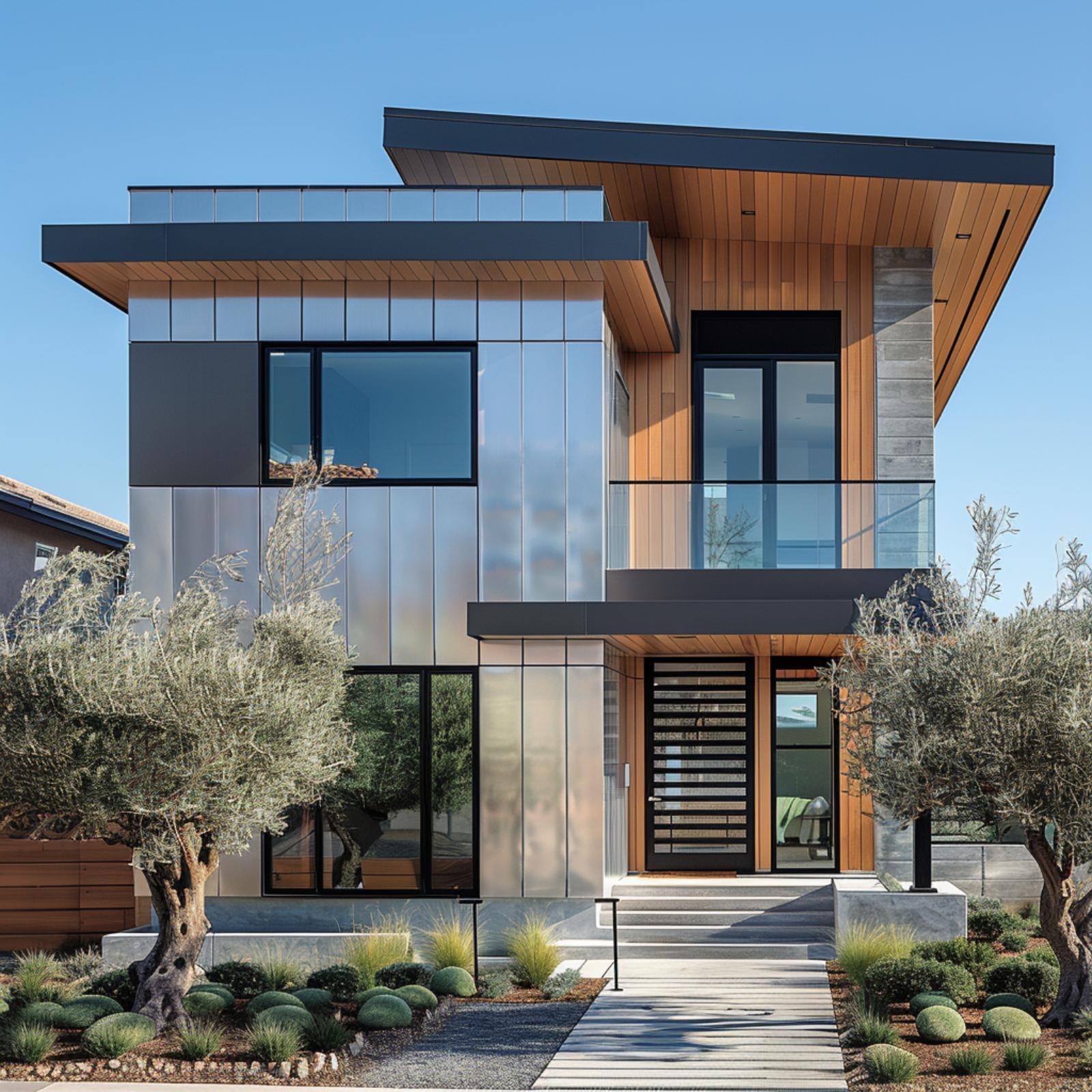Metal Panel, Cedar Soffit, and Olive Trees Walk a Facade Nobody Expected to Work