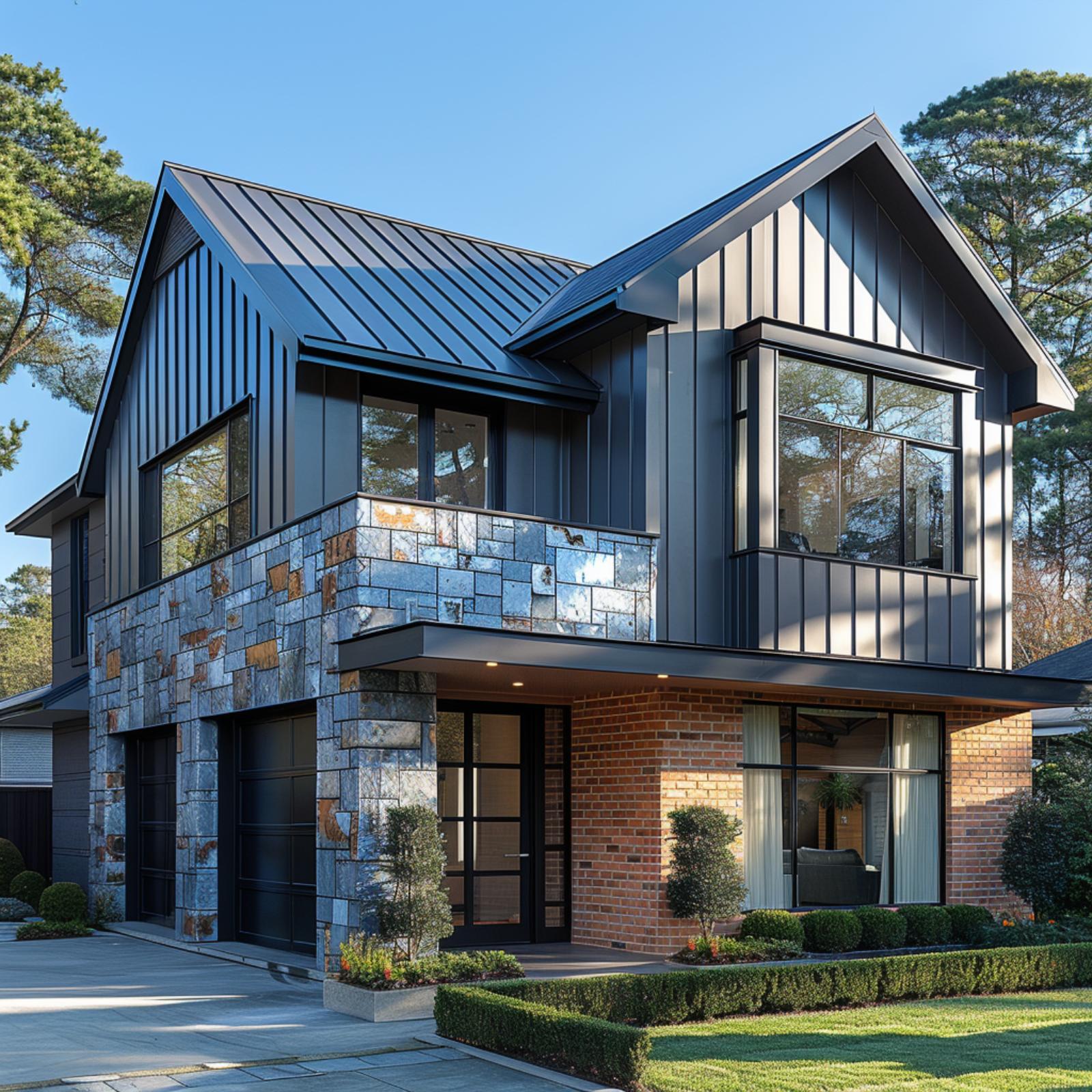 Slate Stone, Red Brick, and Board-and-Batten Refuse to Agree — and It Works