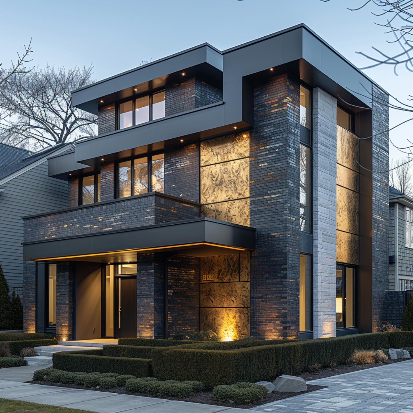 Dark Brick, Marble Panels, and Gray Metal Prove Three Can Share a Facade