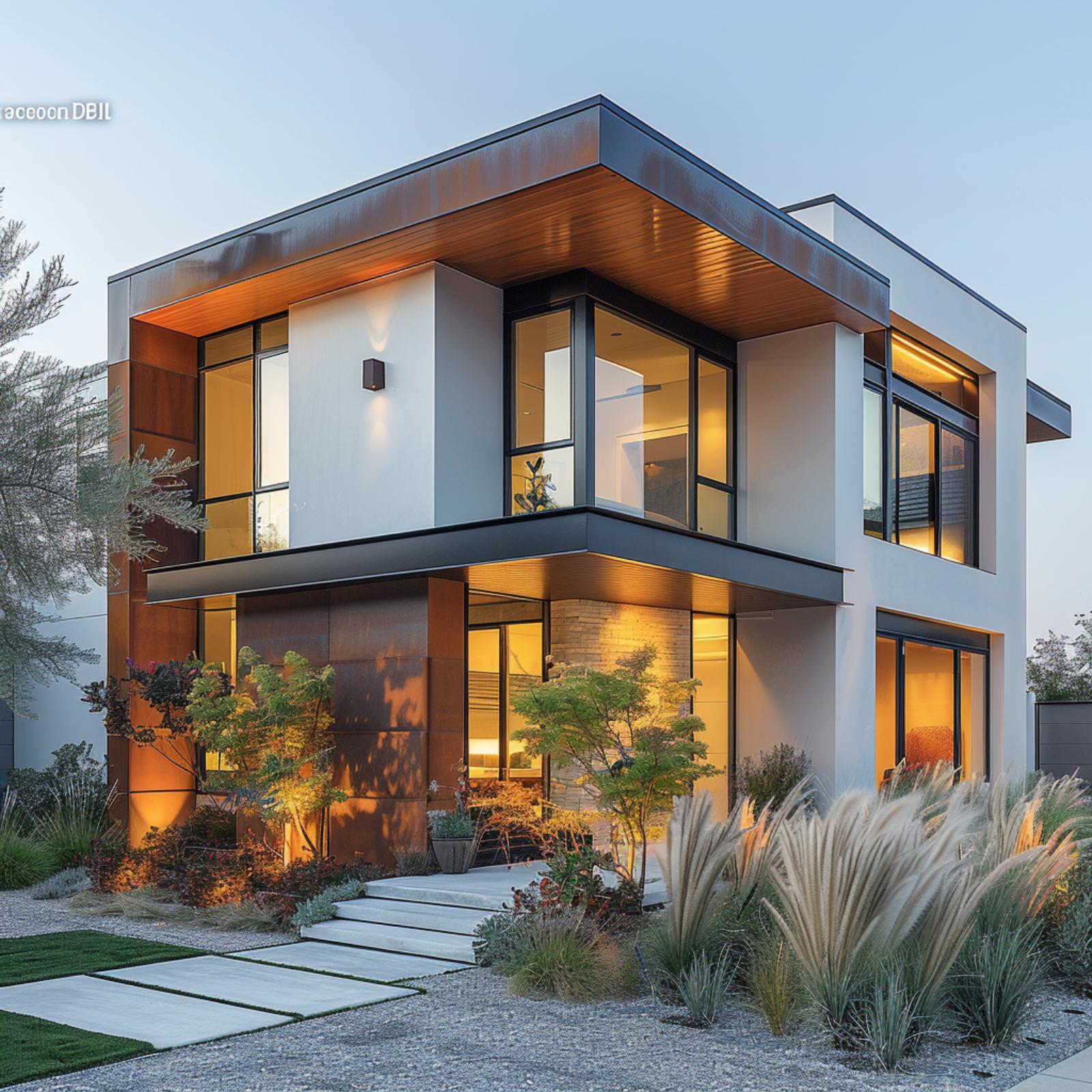 White Stucco, Warm Wood Soffit, and Corten Panels Walk Into a Facade Together