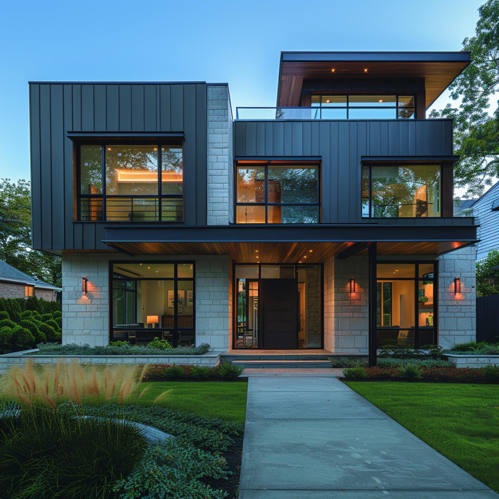 Limestone, Dark Metal Panel, and Cedar Soffit Settle the Argument Before You Notice One