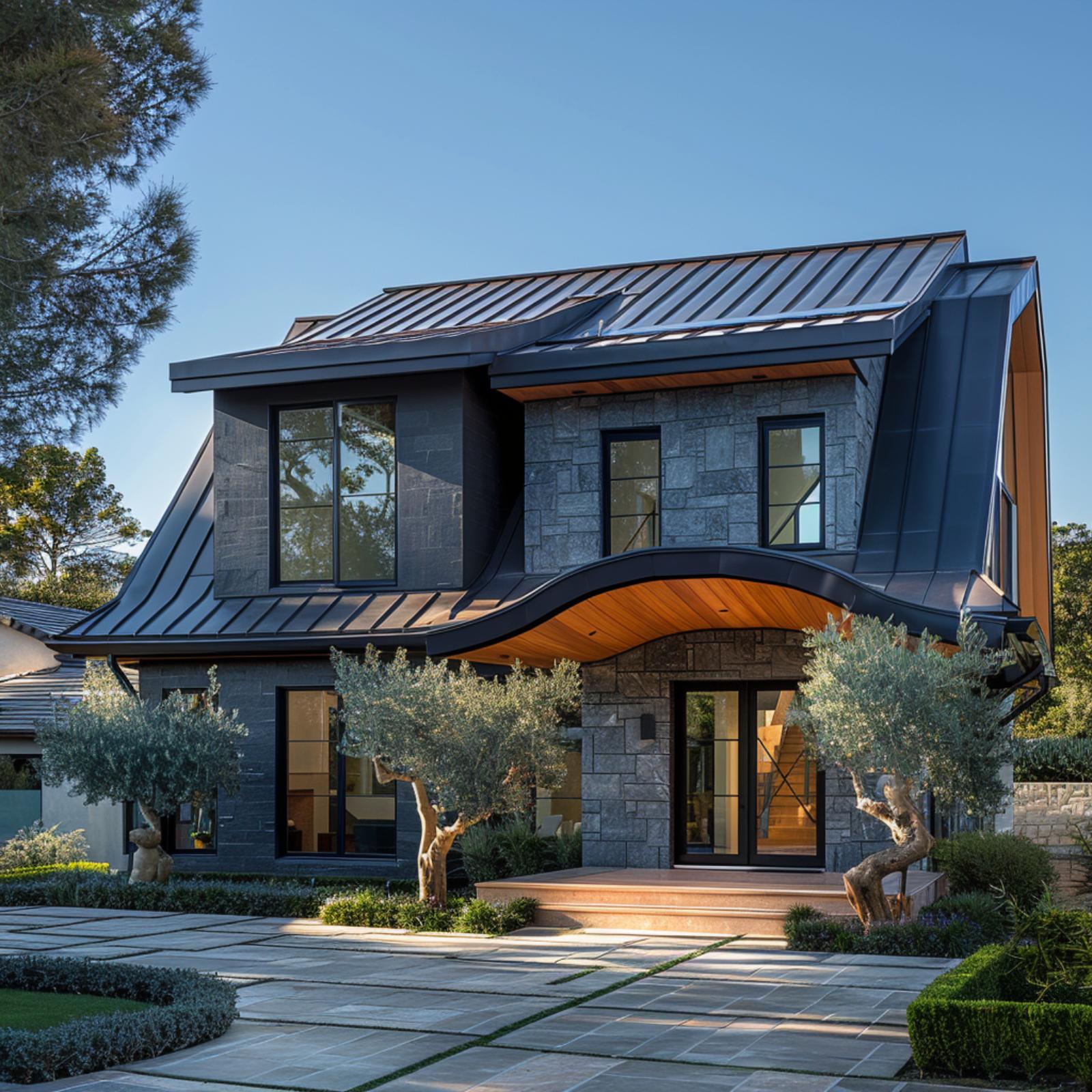 Dark Stone, Curved Metal, and Cedar Soffit Pull Off a Facade That Shouldn't Work