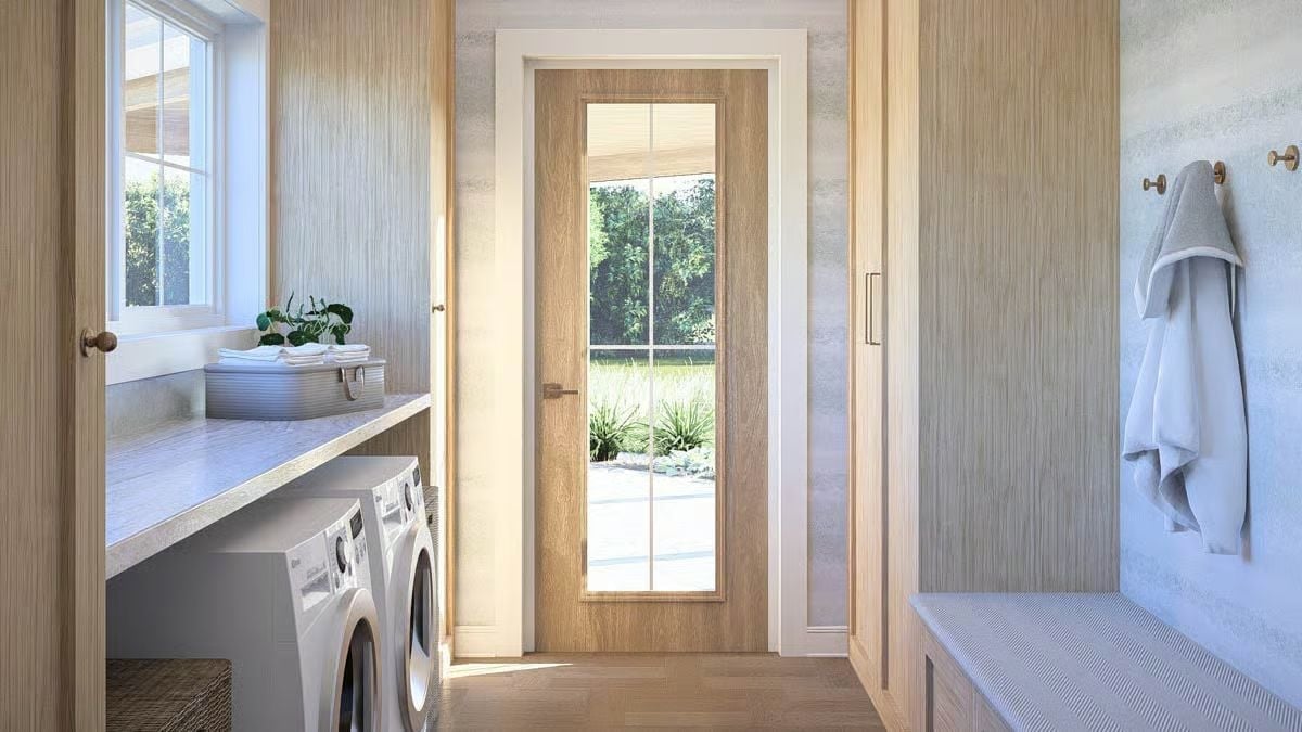 Laundry Room with Glass-Panel Door and Built-In Bench That Earns Every Square Foot