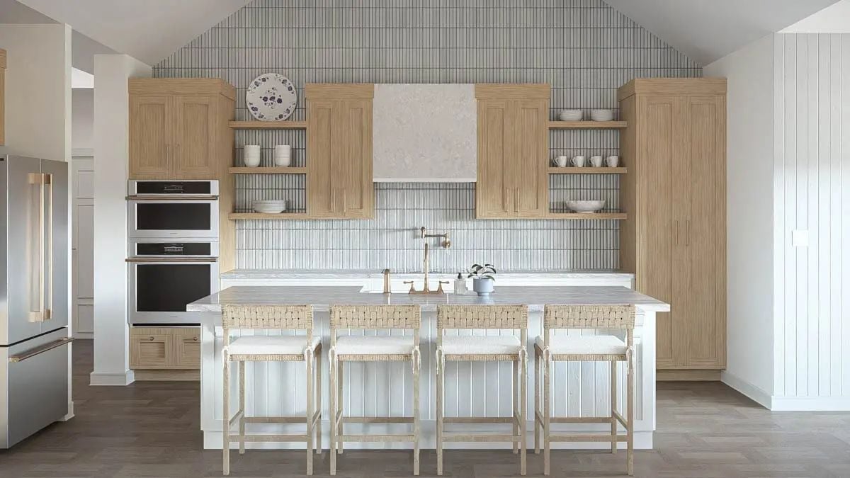 Woven Barstools and Warm Oak Cabinetry That Know Exactly What They're Doing