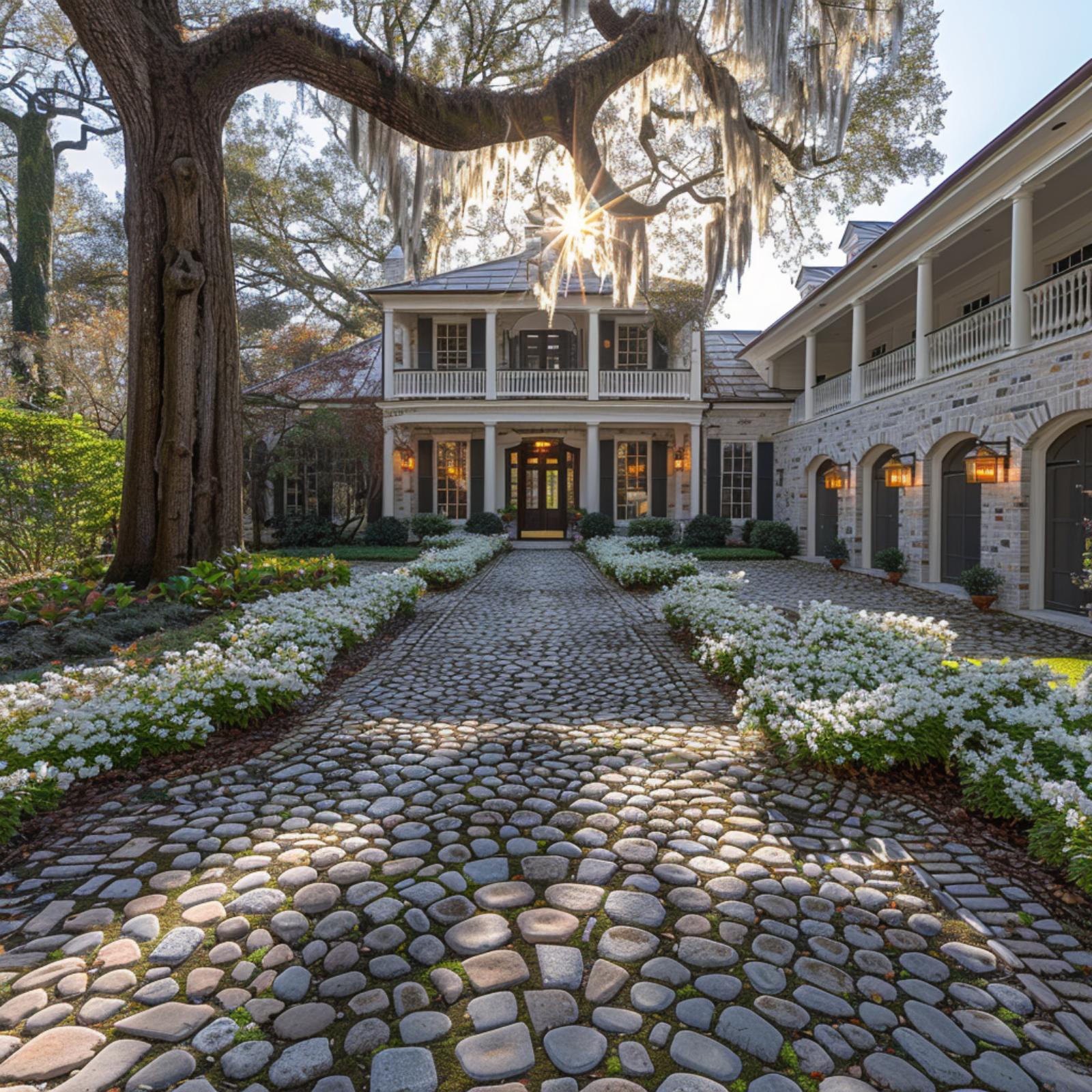 Spanish Moss, Cobblestone, and White Azaleas Pull Off a Southern Entry Done Right