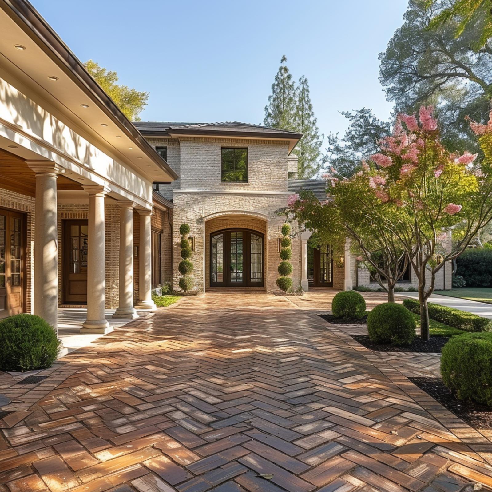Herringbone Brick, Spiral Topiaries, and Stone Columns Make a Case for the Courtyard Comeback