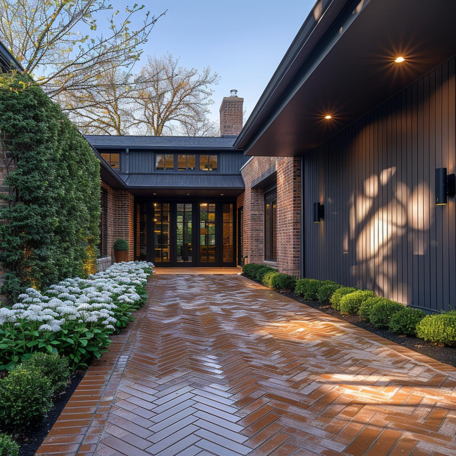 Herringbone Brick and Dark Board-and-Batten Pull a Courtyard Entry Into Focus