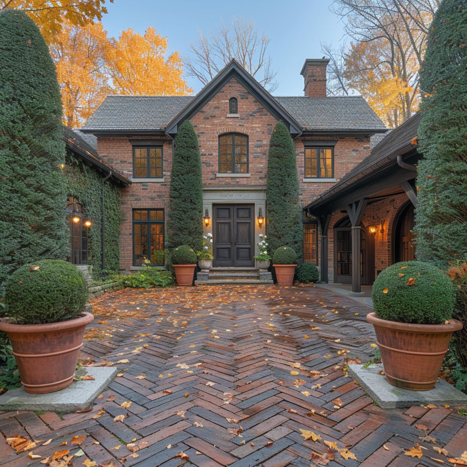 Herringbone Brick, Columnar Evergreens, and Autumn Patina Make This Entry Hard to Walk Past Quickly