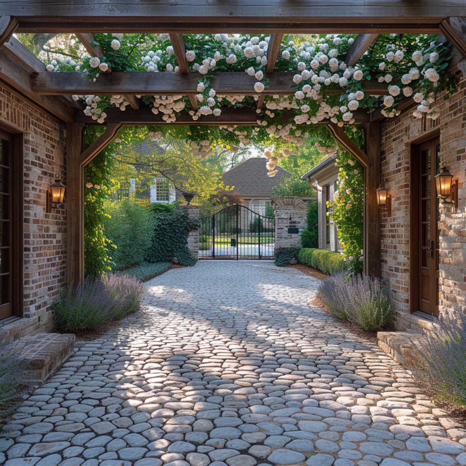 Cobblestone, Climbing Roses, and a Pergola That Earns Every Square Foot